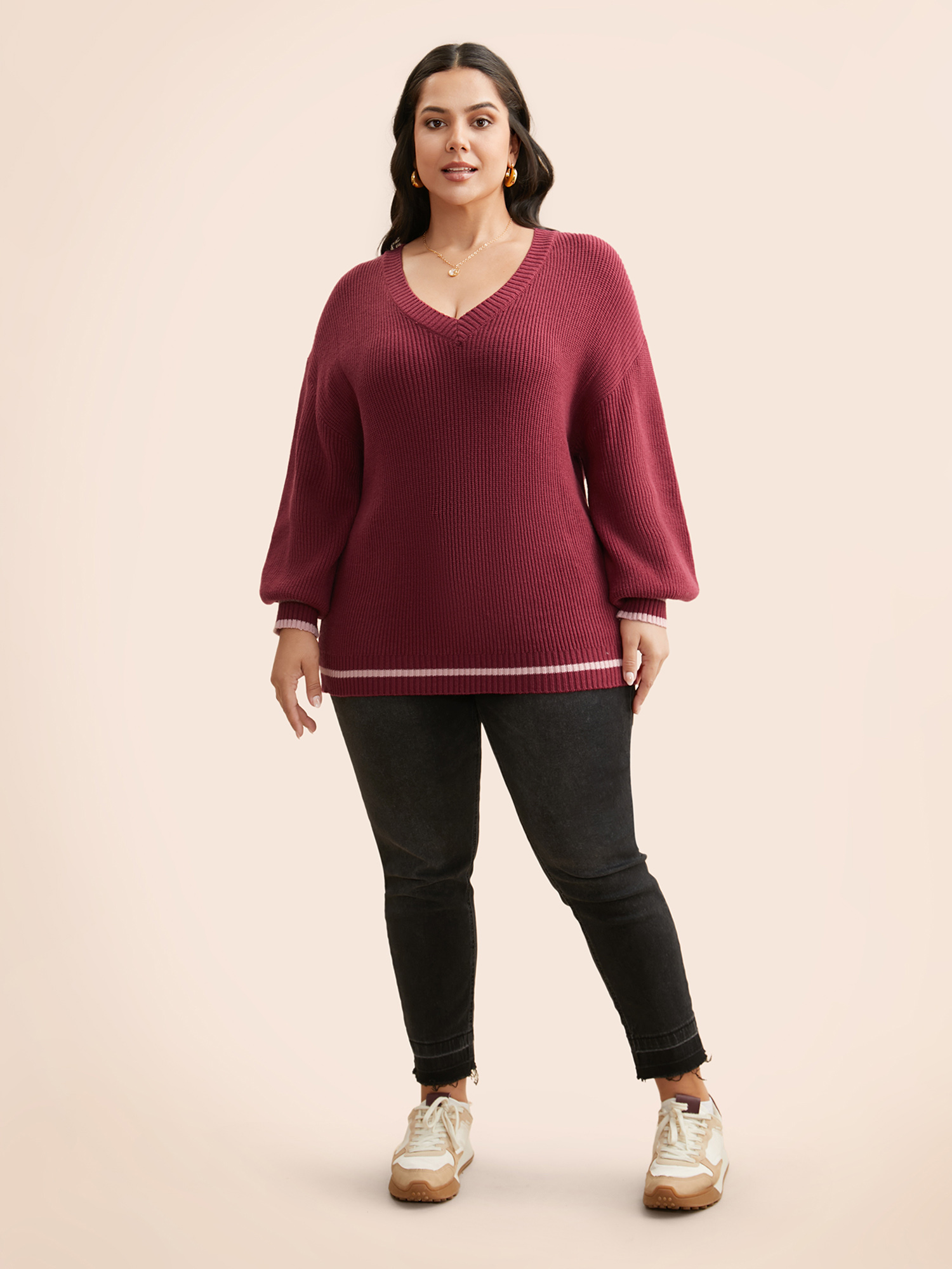 

Plus Size Supersoft Essentials V Neck Contrast Trim Pullover Burgundy Women Casual Long Sleeve V-neck Everyday Pullovers BloomChic