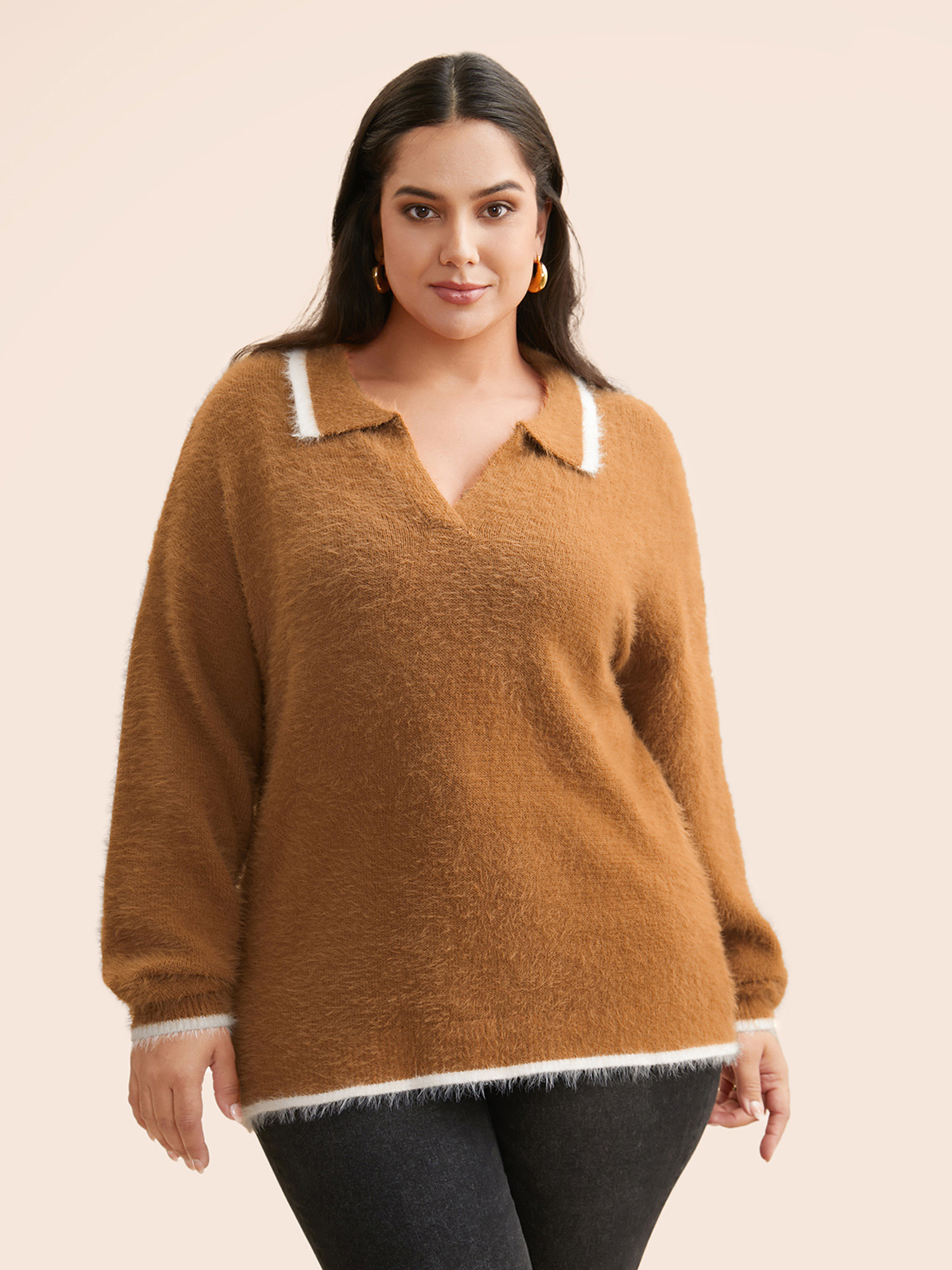 

Plus Size Contrast Trim Polo Neck Fluffy Pullover Yellowishbrown Women Casual Long Sleeve Polo Everyday Pullovers BloomChic