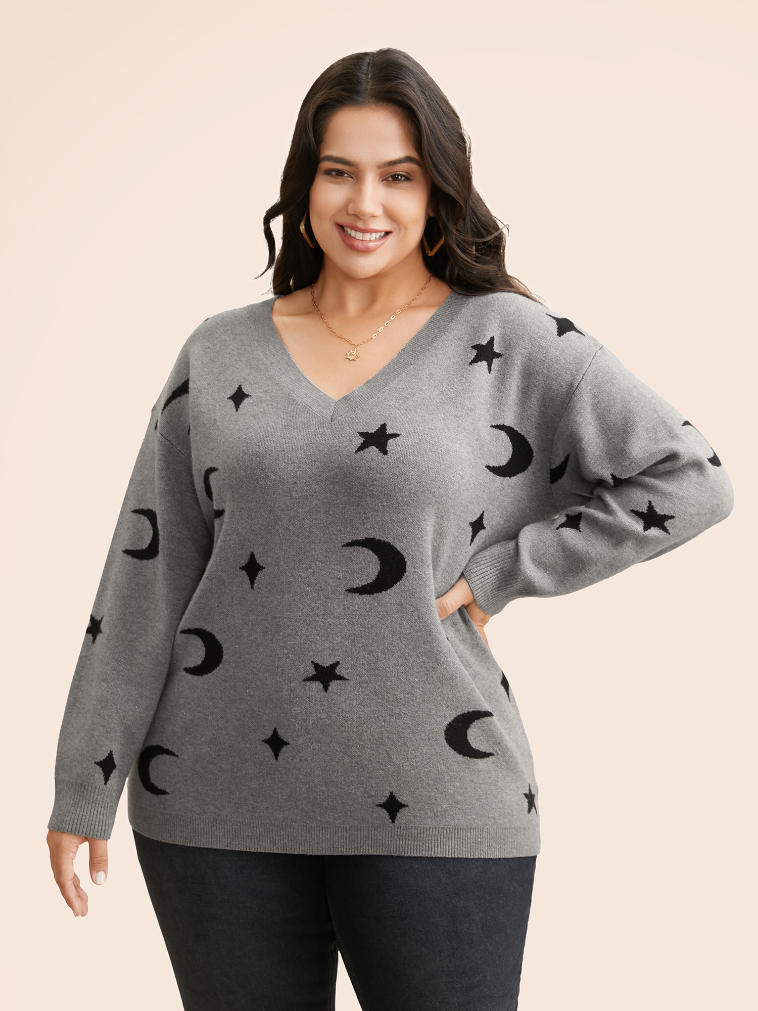 

Plus Size Supersoft Essentials Celestial Jacquard V-Neck Pullover Mediumgray Women Casual Long Sleeve V-neck Everyday Pullovers BloomChic