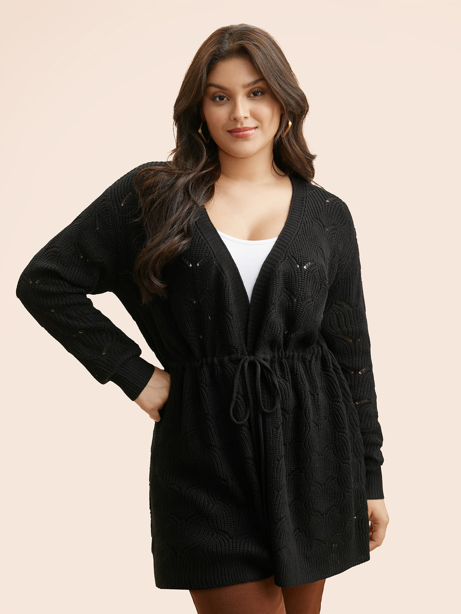 

Plus Size Textured Kimono Collar Drawstring Cardigan Black Women Casual Loose Long Sleeve Everyday Cardigans BloomChic