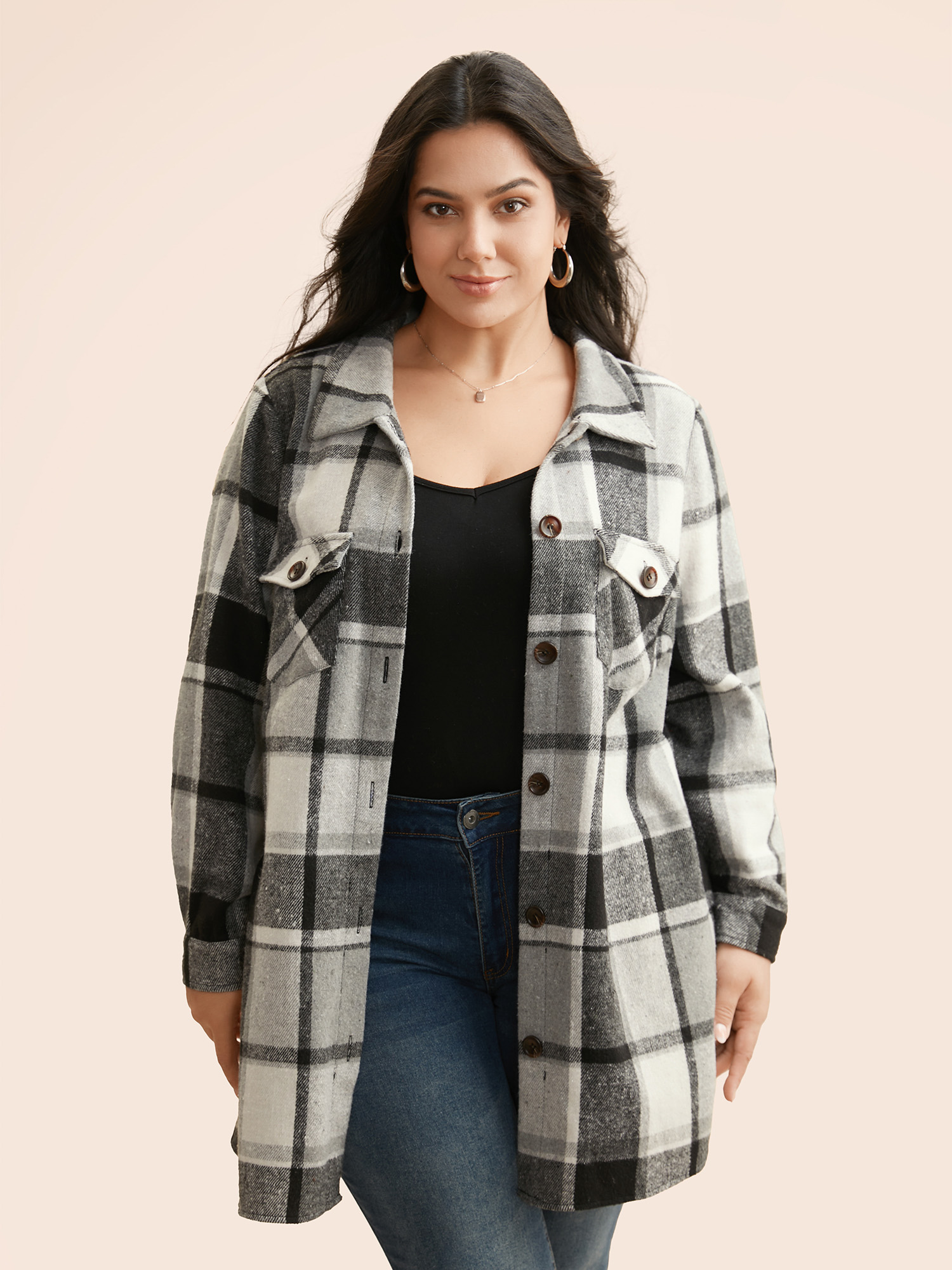 

Plus Size Halloween Plaid Chest Pockets Long Jacket Women Black Button Loose Side seam pocket Everyday Jackets BloomChic