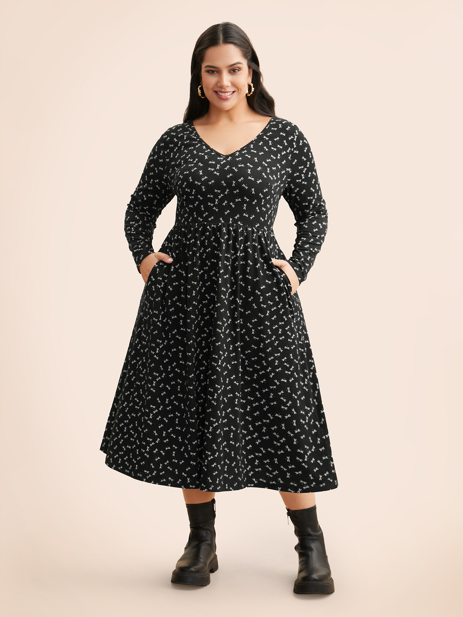 

Plus Size V Neck Dragonfly Pattern Midi Dress Black Women Casual Non Boat Neck Long Sleeve Curvy BloomChic