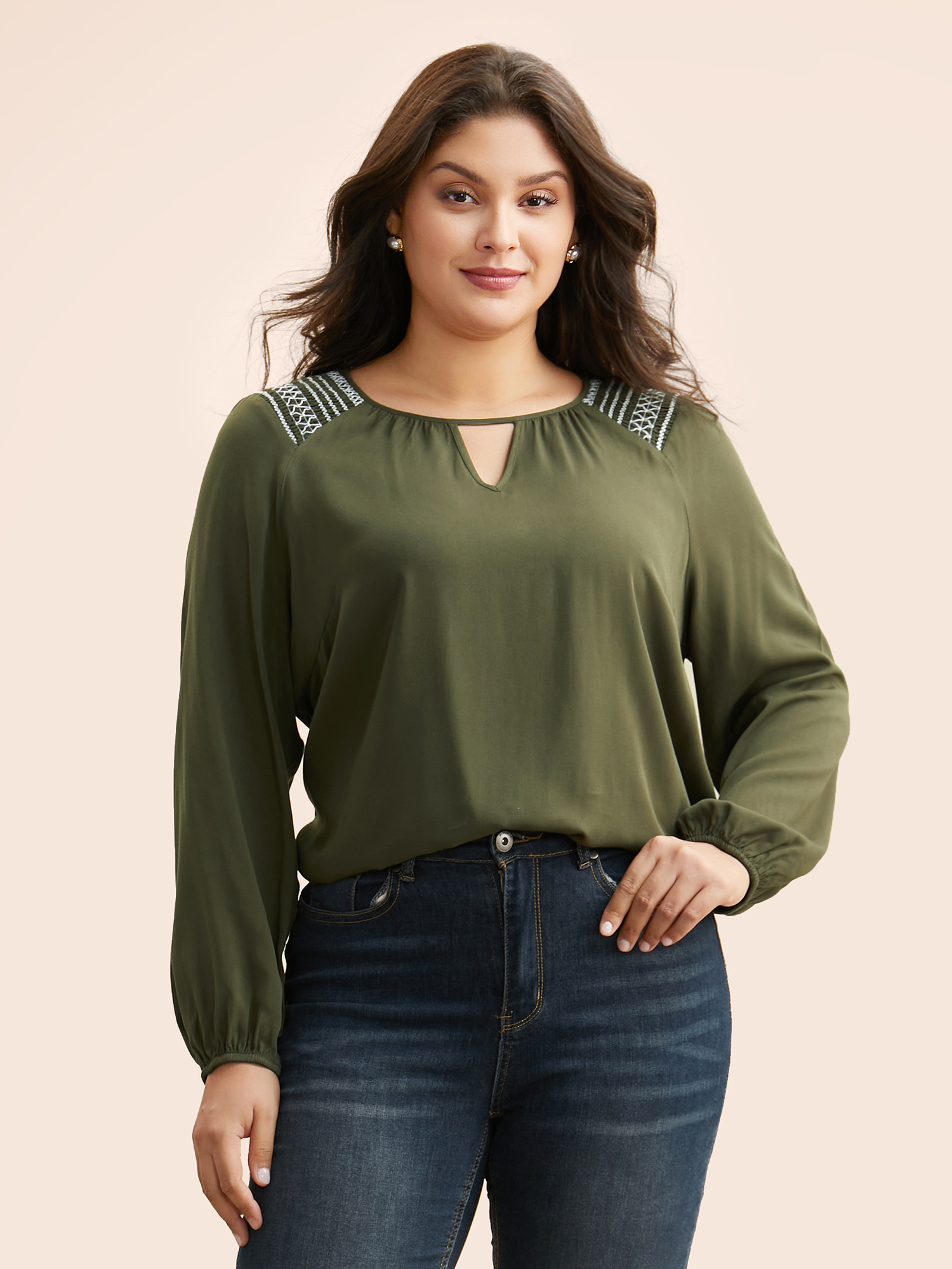 

Plus Size ArmyGreen Keyhole Shirred Gathered Lantern Sleeve Blouse Women Elegant Long Sleeve Round Neck Everyday Blouses BloomChic