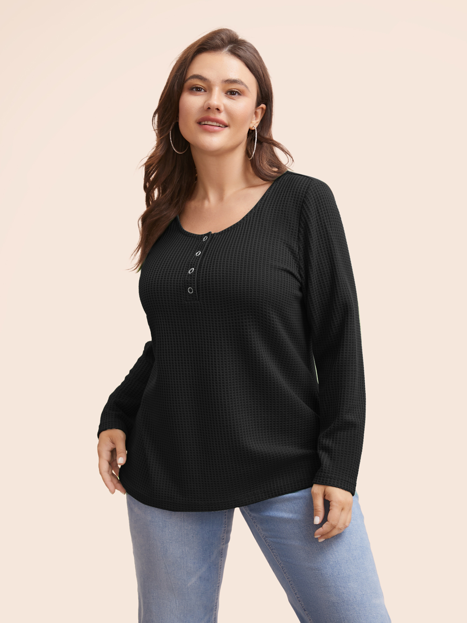 

Plus Size Solid Waffle Knit Round Neck T-shirt Black Women Casual Texture Round Neck Everyday T-shirts BloomChic