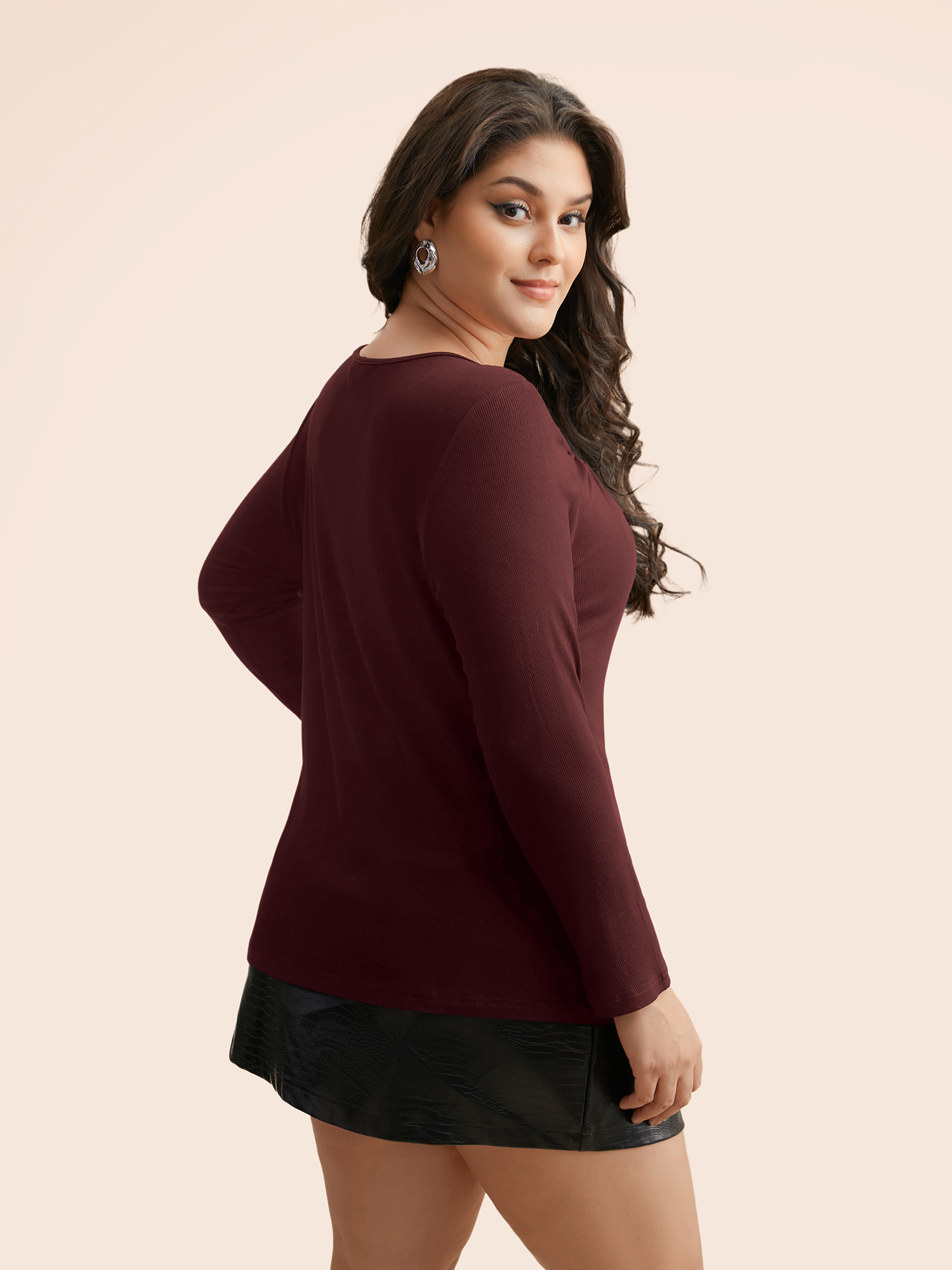 

Plus Size Rib Knit Asymmetrical Neck Cut Out T-shirt Burgundy Women Elegant Texture Asymmetrical Neck Skinny Everyday T-shirts BloomChic