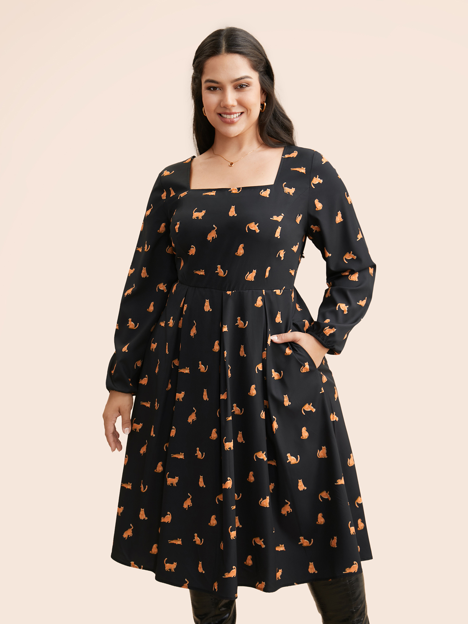 

Plus Size Square Neck Cat Print Pleated Dress Black Women Elegant Pleated Square Neck Long Sleeve Curvy BloomChic