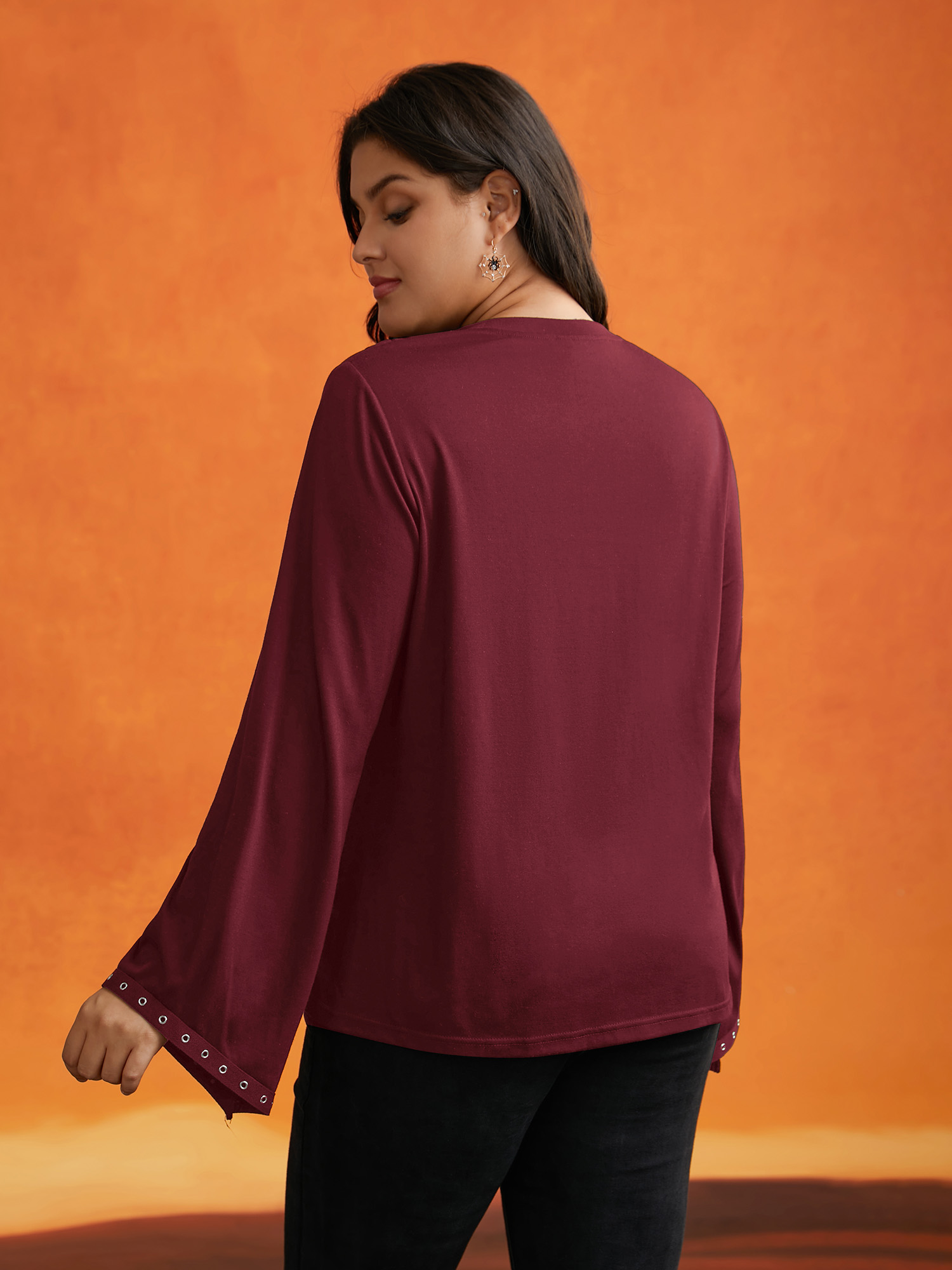 

Plus Size Peek-A-Boo Cut-Out Neckline T-shirt Burgundy Women Elegant Eyelet Round Neck Everyday T-shirts BloomChic