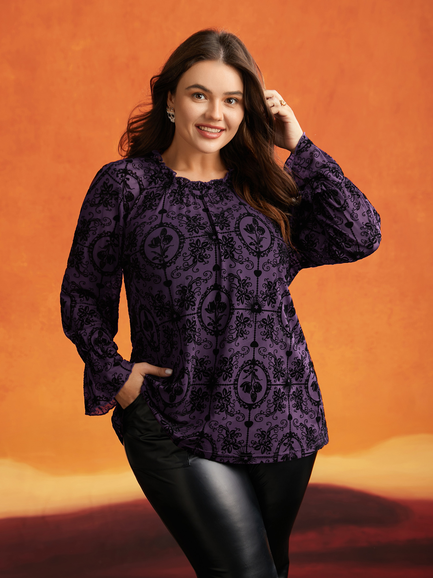 

Plus Size Elastic Flocked Mesh Blouse Eggplant Stand-up collar Long Sleeve Elegant Jersey Tops