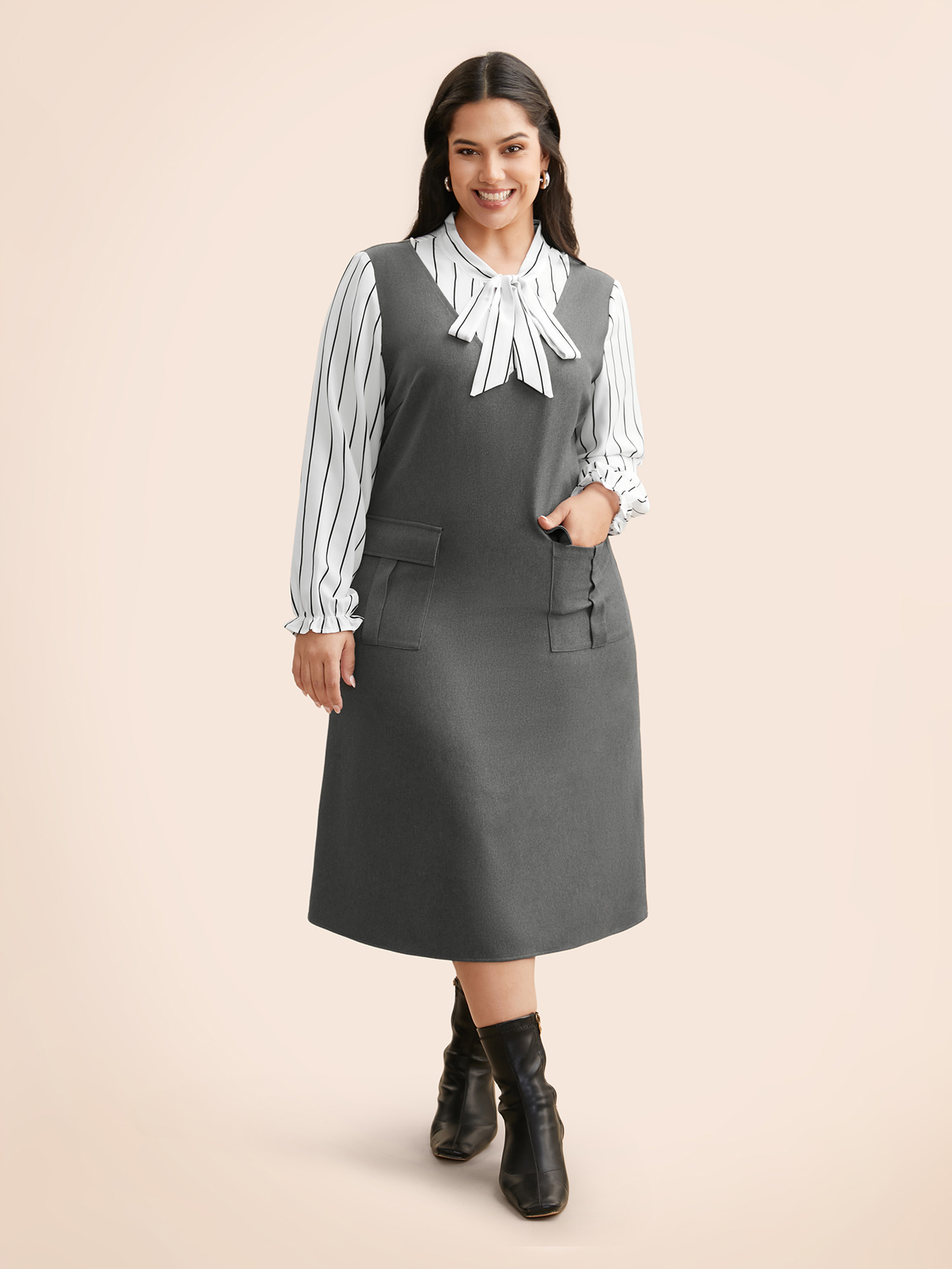 

Plus Size Striped Patchwork Ribbon Tied Collar Dress DimGray Women At the Office Tie knot Ribbon-tied collar Long Sleeve Curvy BloomChic