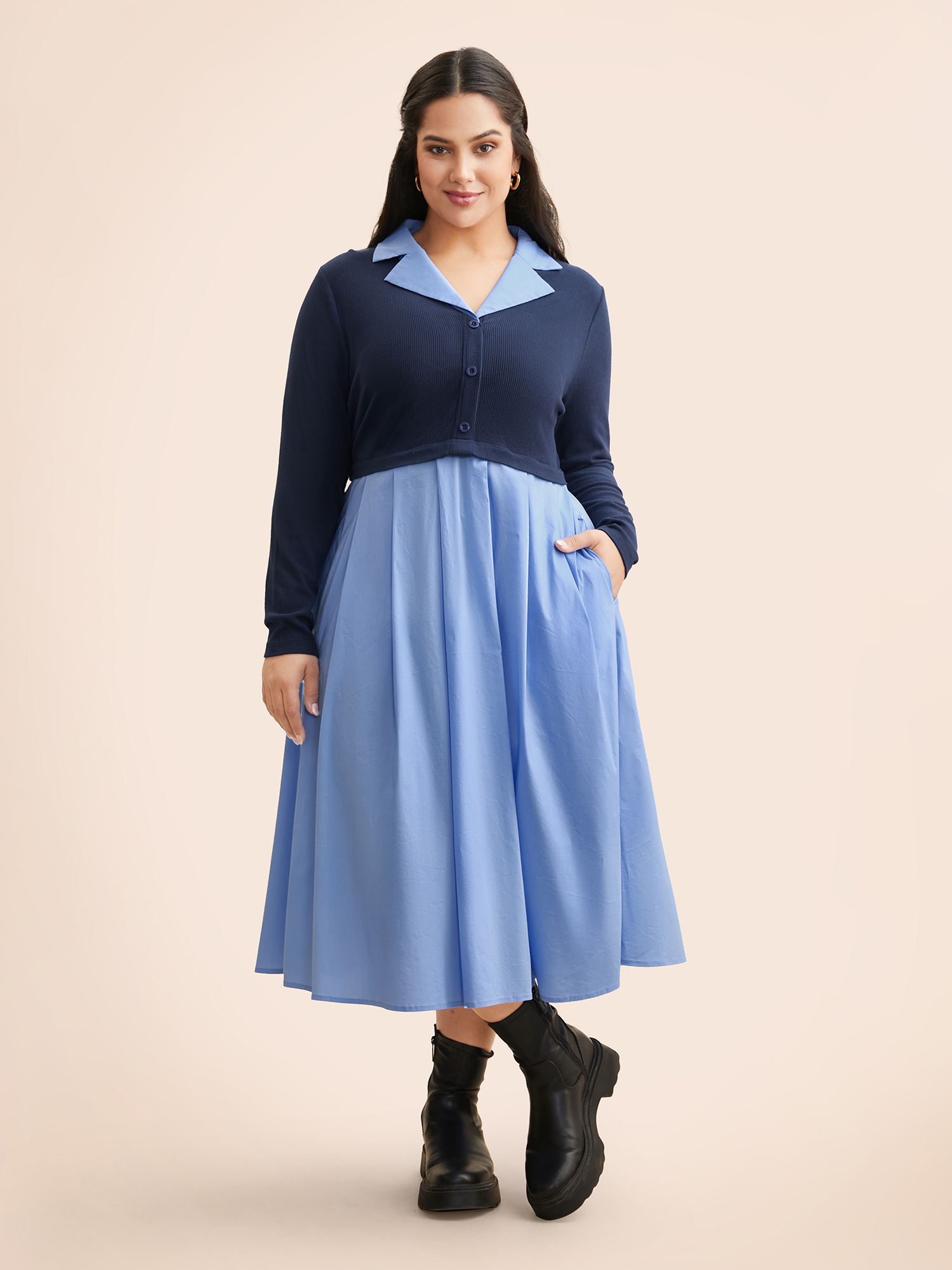 

Plus Size 2-In-1 Contrast Patchwork Pleated Dress Indigo Women Elegant Texture Suit Collar Long Sleeve Curvy BloomChic