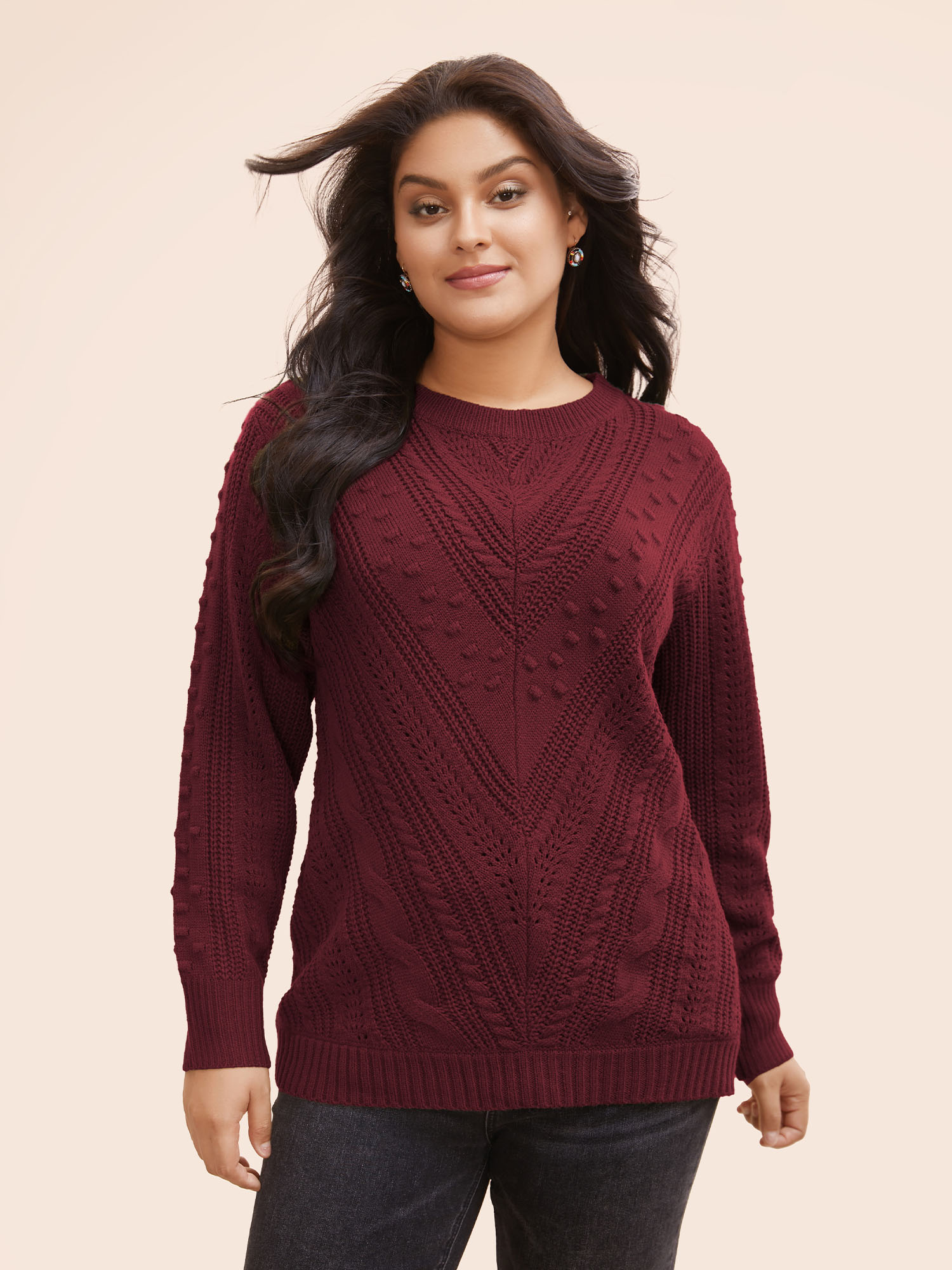 

Plus Size Solid Round Neck Cable Knit Pullover Scarlet Women Casual Long Sleeve Round Neck Everyday Pullovers BloomChic