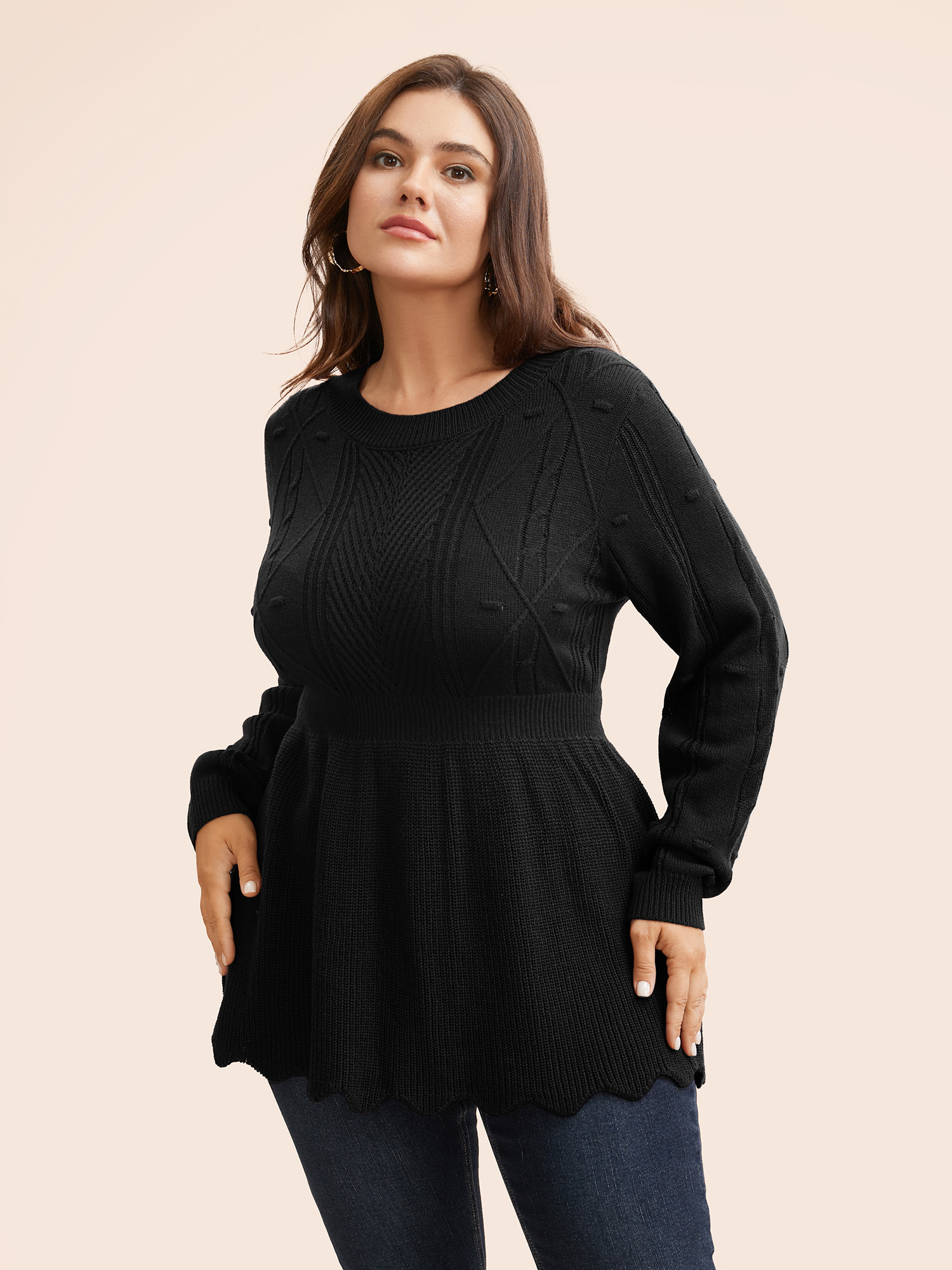 

Plus Size Plain Textured Scalloped Trim Pullover Black Women Casual Bodycon Long Sleeve Round Neck Everyday Pullovers BloomChic