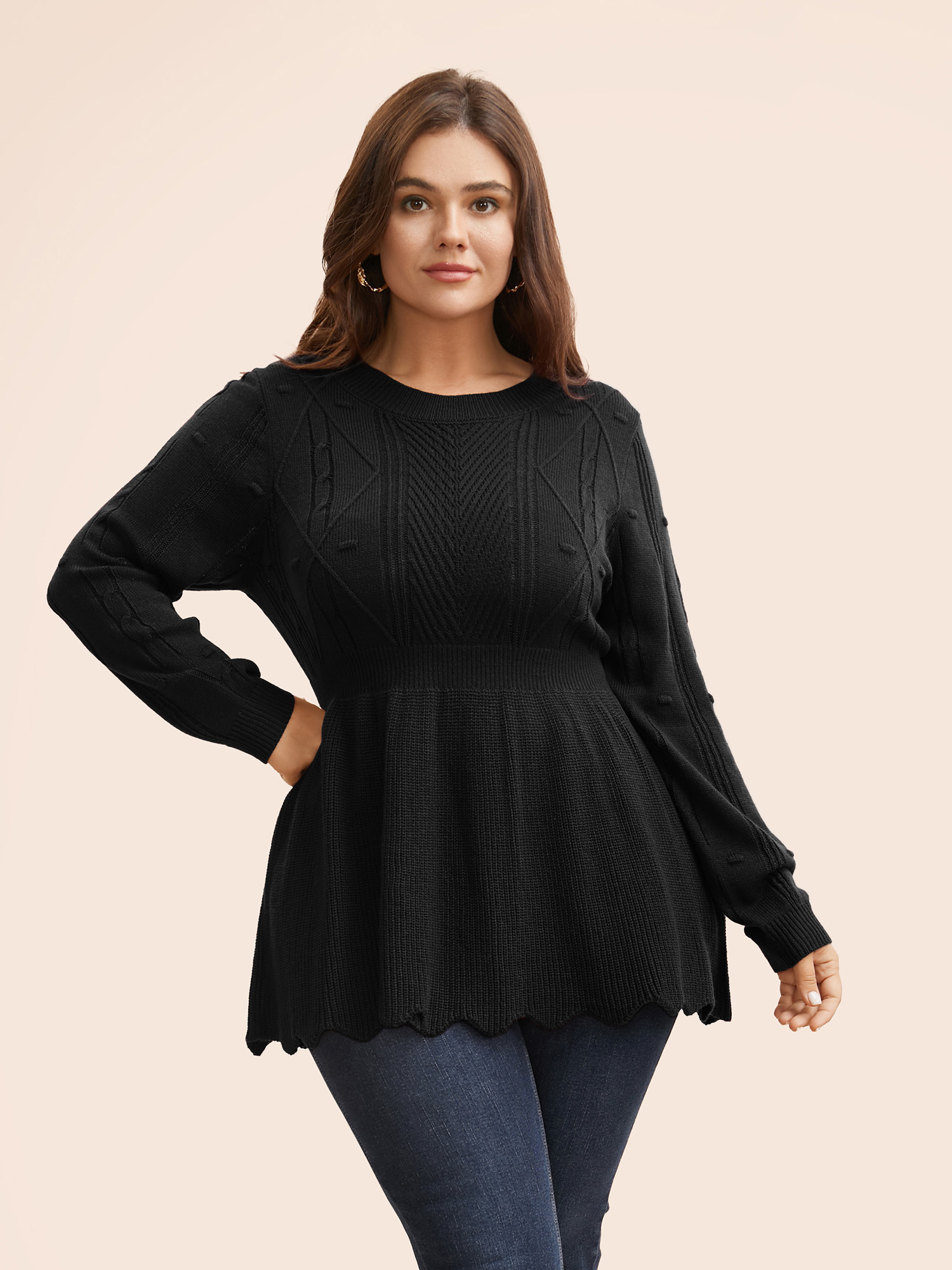 

Plus Size Plain Textured Scalloped Trim Pullover Black Women Casual Bodycon Long Sleeve Round Neck Everyday Pullovers BloomChic