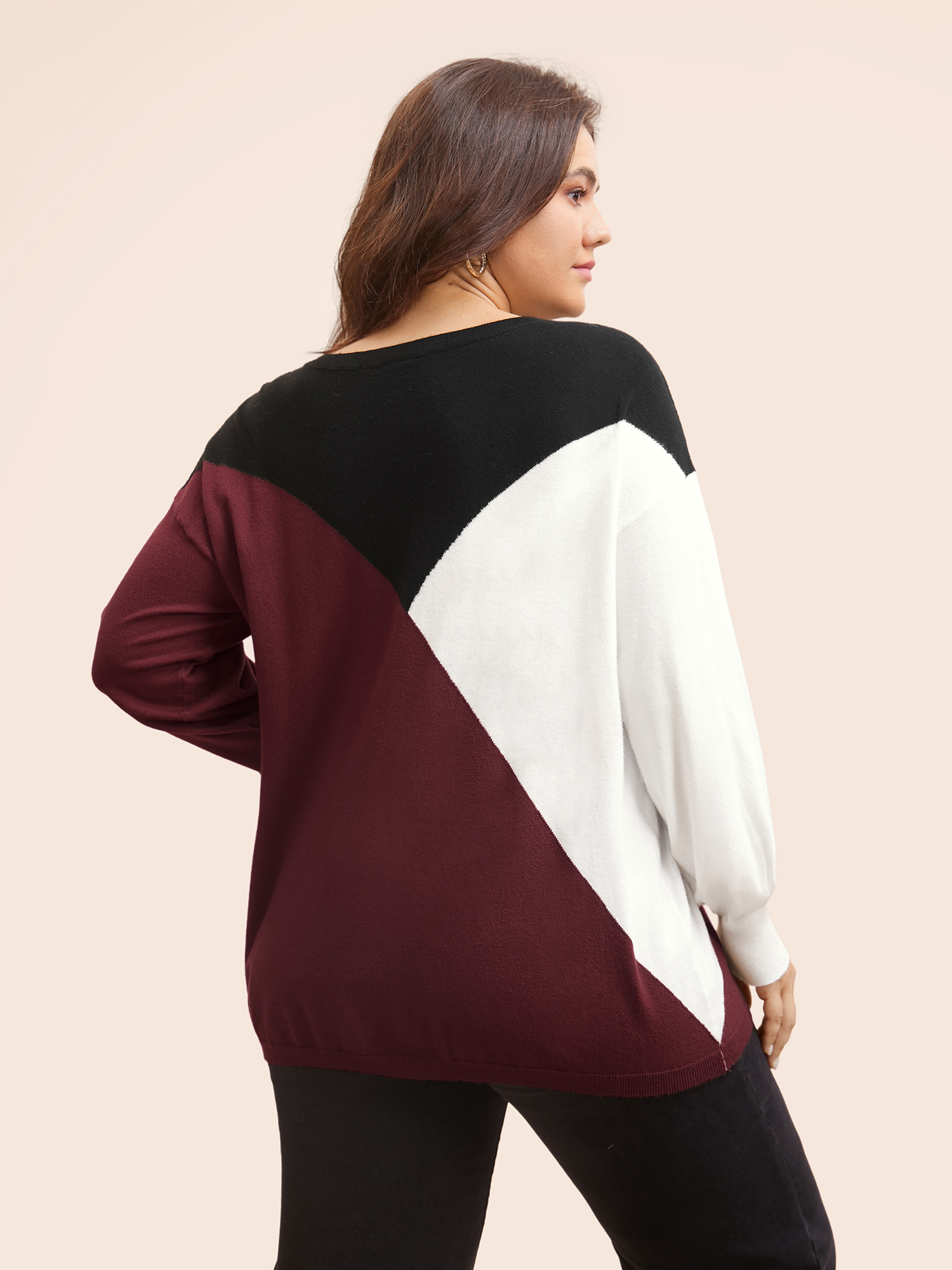 

Plus Size Supersoft Essentials Colorblock Contrast Pullover Burgundy Women Casual Long Sleeve Round Neck Everyday Pullovers BloomChic