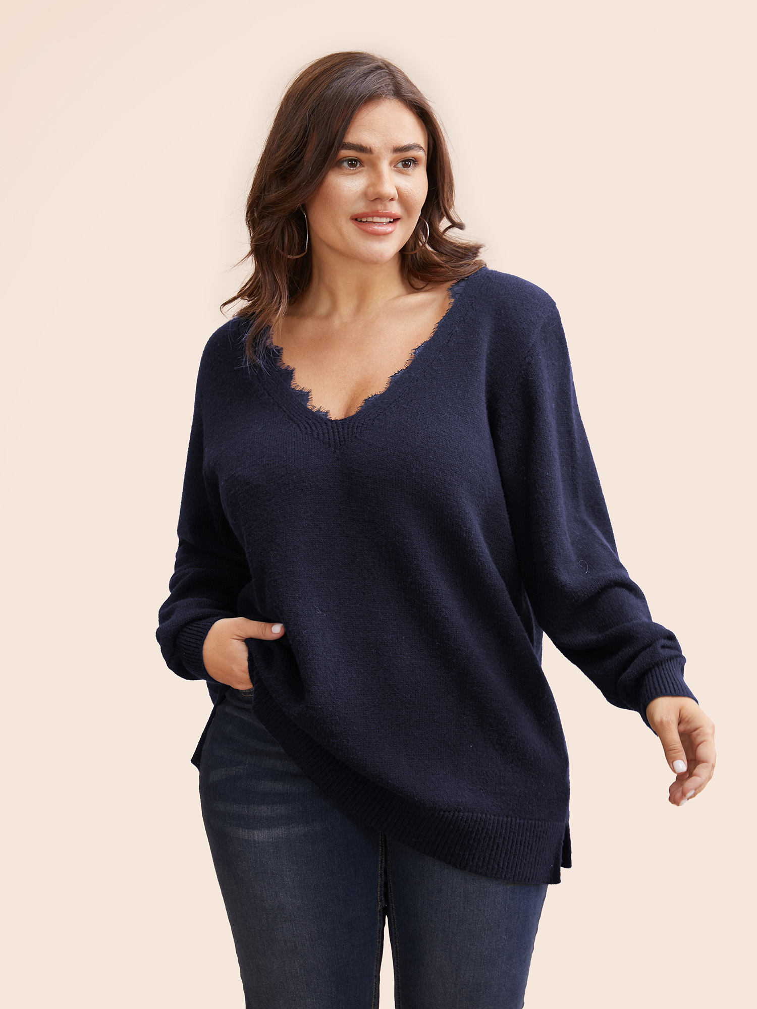 

Plus Size V Neck Lace Patchwork Backless Pullover Indigo Women Elegant Long Sleeve V-neck Everyday Pullovers BloomChic