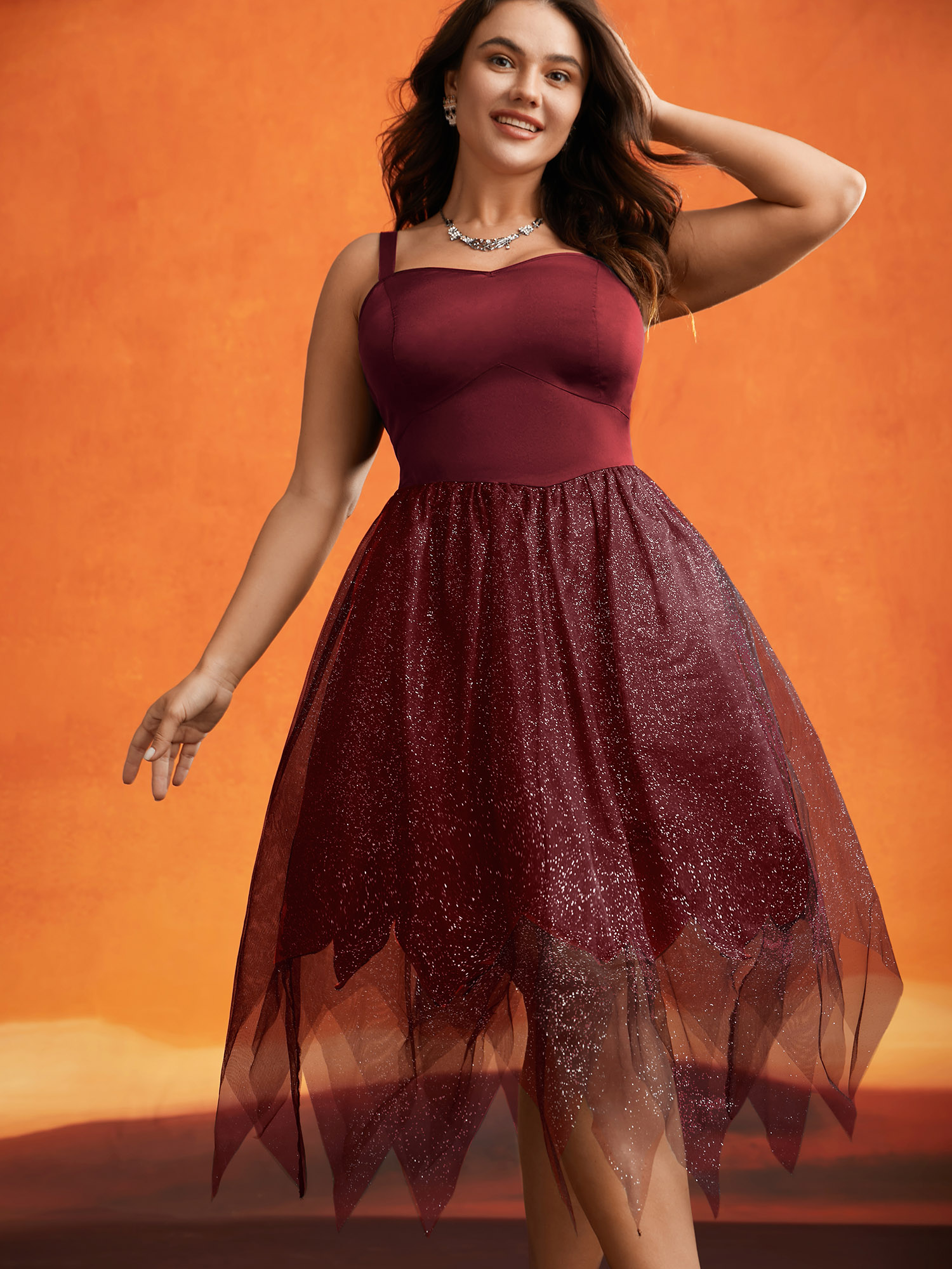 

Plus Size Enchanted Shiny Mesh Petal Hem Midi Dress Burgundy Women Cocktail Texture Party Curvy Bloomchic