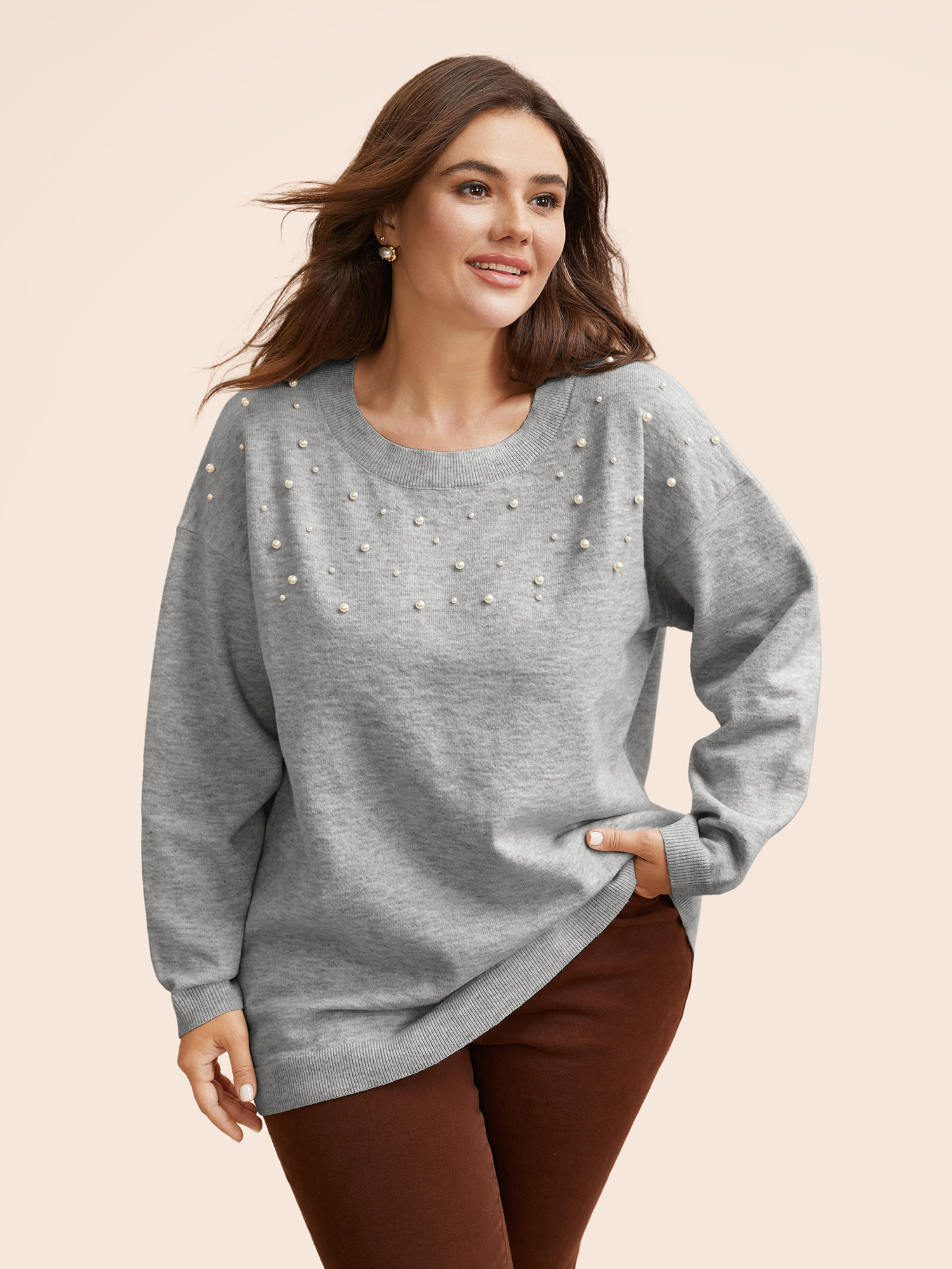 

Plus Size Round Neck Pearl Beaded Pullover LightGray Women Casual Long Sleeve Round Neck Everyday Pullovers BloomChic