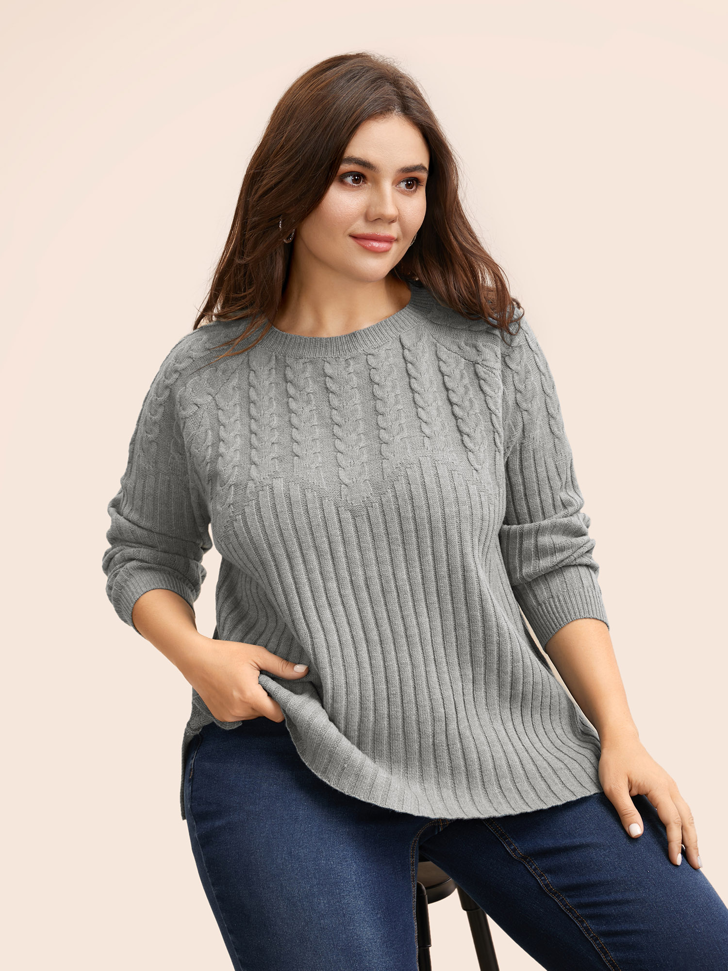 

Plus Size Solid Cable Knit Raglan Sleeve Pullover Mediumgray Women Casual Long Sleeve Round Neck Everyday Pullovers BloomChic