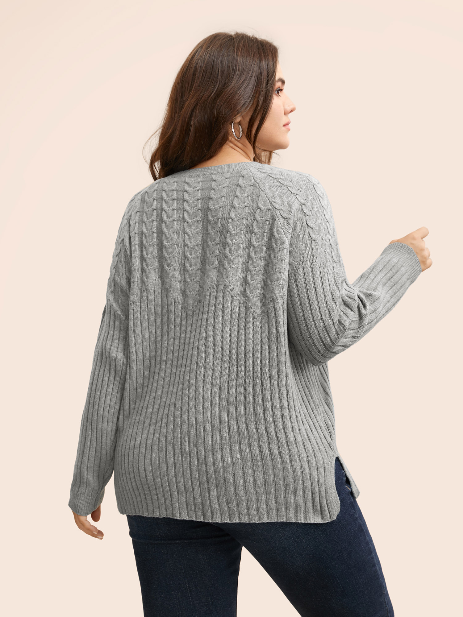 

Plus Size Solid Cable Knit Raglan Sleeve Pullover Mediumgray Women Casual Long Sleeve Round Neck Everyday Pullovers BloomChic