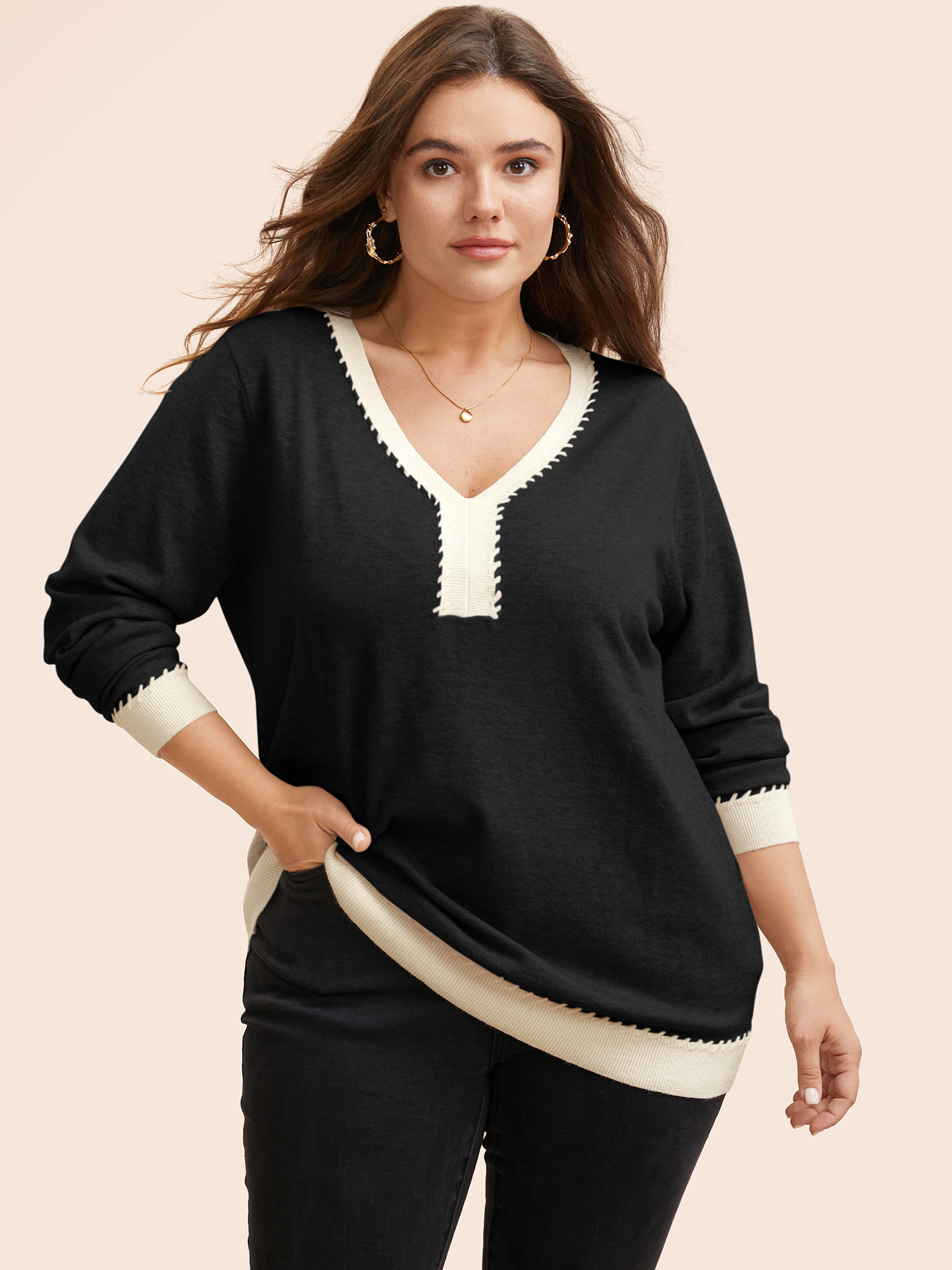 

Plus Size Supersoft Essentials V Neck Contrast Crochet Pullover Black Women Casual Long Sleeve V-neck Everyday Pullovers BloomChic