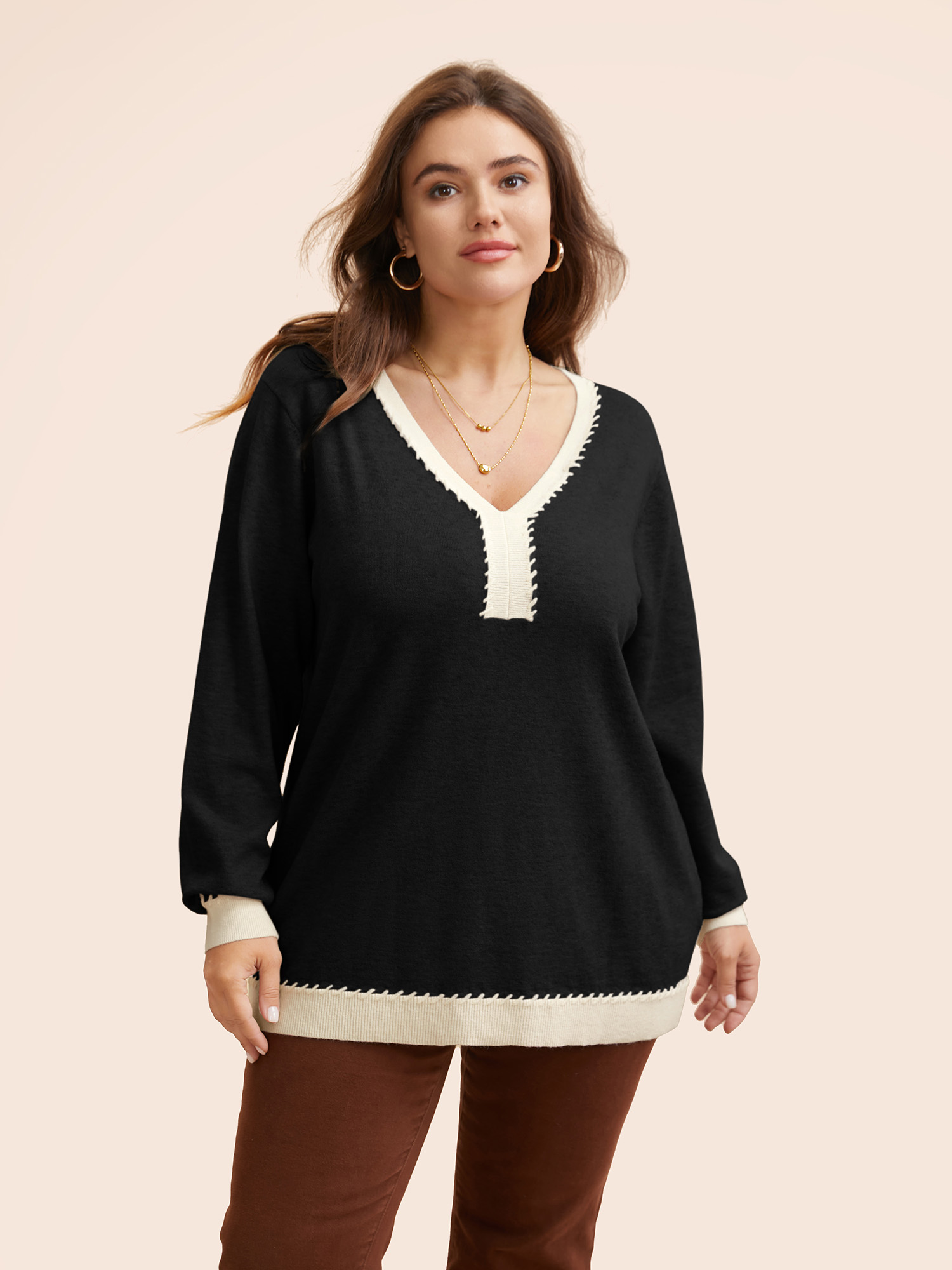 

Plus Size Supersoft Essentials V Neck Contrast Crochet Pullover Black Women Casual Long Sleeve V-neck Everyday Pullovers BloomChic