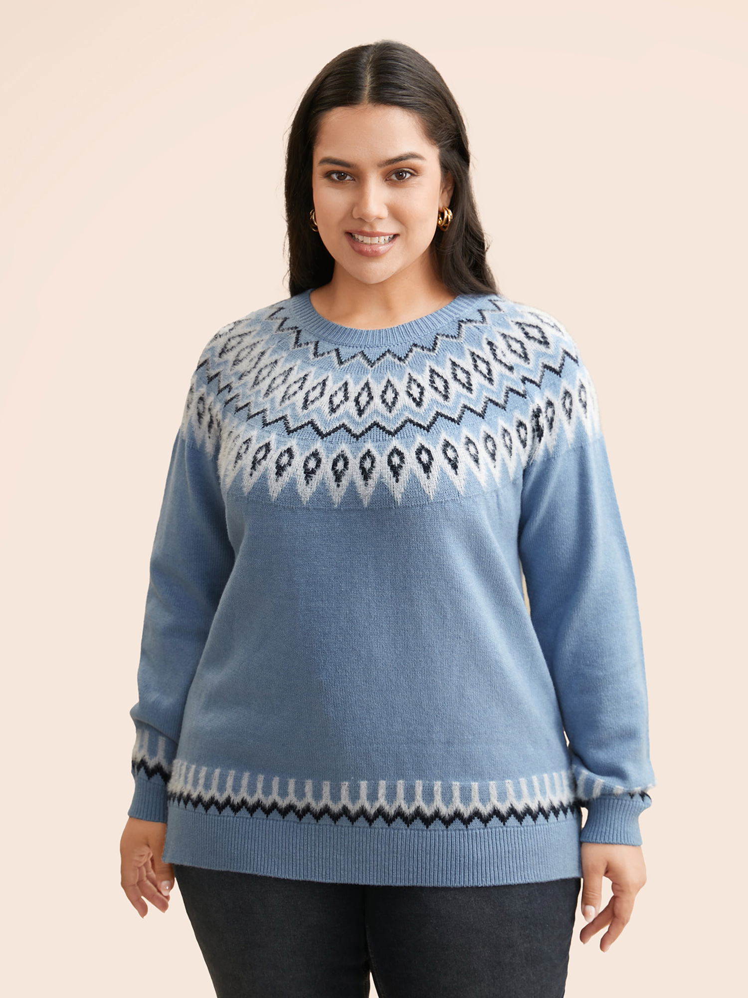 

Plus Size Supersoft Essentials Boho Print Raglan Sleeve Pullover Skyblue Women Casual Loose Long Sleeve Round Neck Everyday Pullovers BloomChic