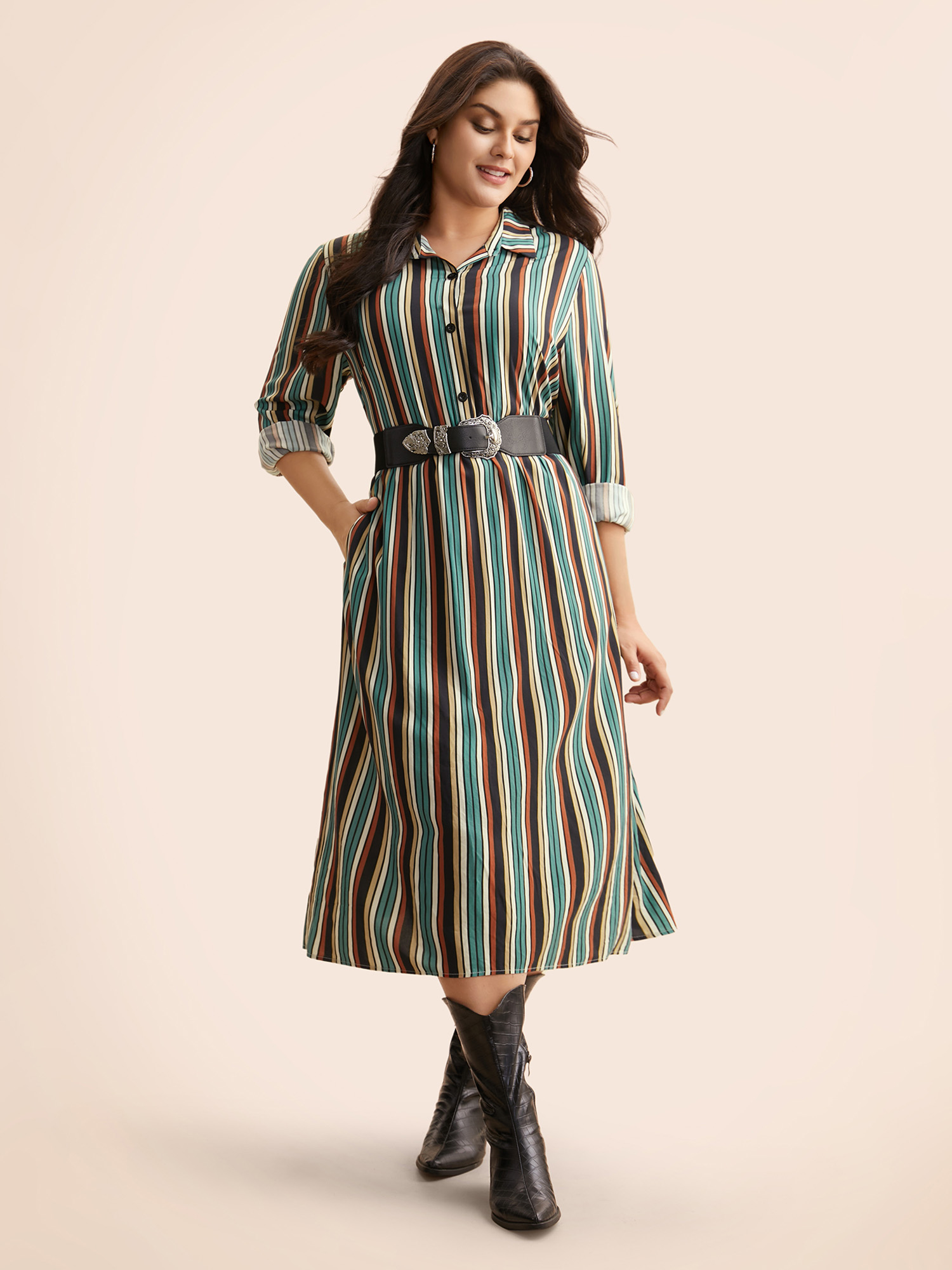 

Plus Size Shirt Collar Contrast Striped Midi Dress Multicolor Women Casual Button Shirt collar Long Sleeve Curvy BloomChic