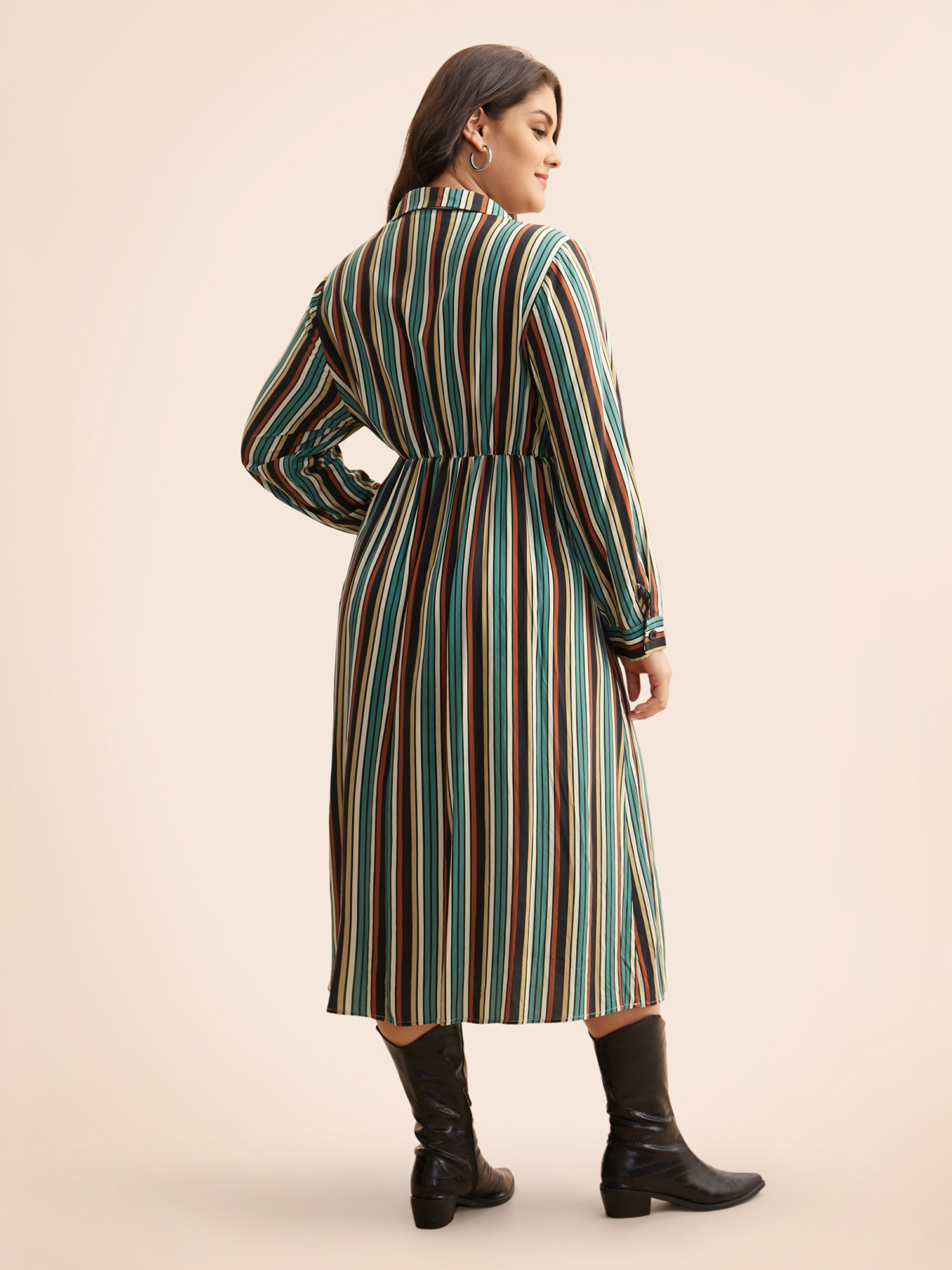 

Plus Size Shirt Collar Contrast Striped Midi Dress Multicolor Women Casual Button Shirt collar Long Sleeve Curvy BloomChic