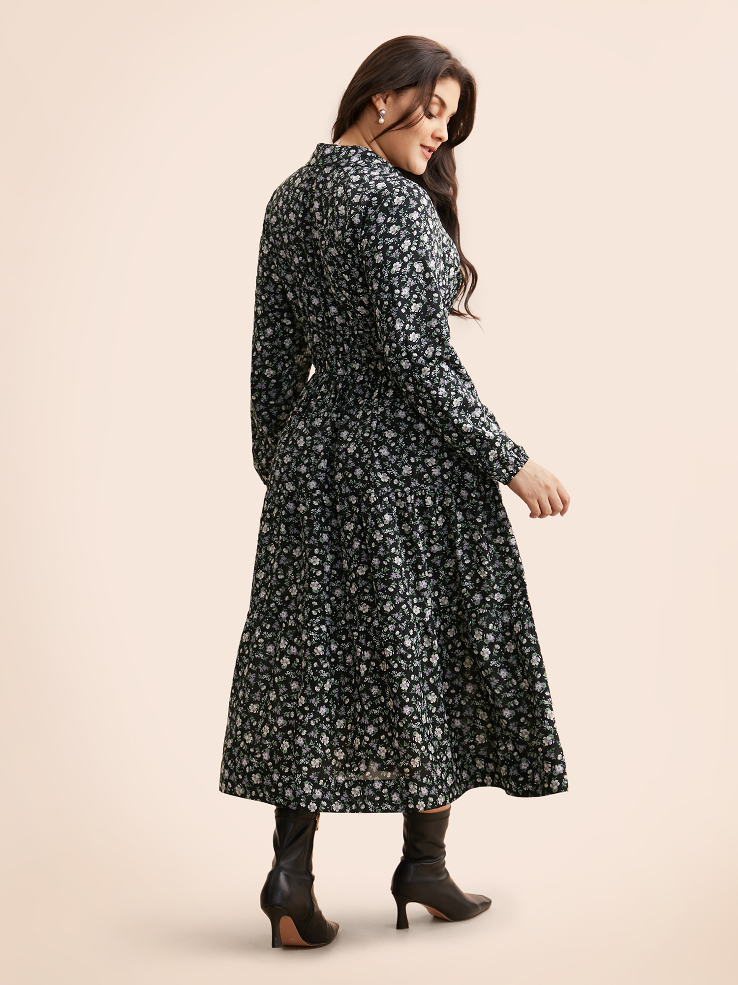 

Plus Size Shirt Collar Ditsy Floral Shirred Dress BlackFlower Women Elegant Shirred Shirt collar Long Sleeve Curvy BloomChic