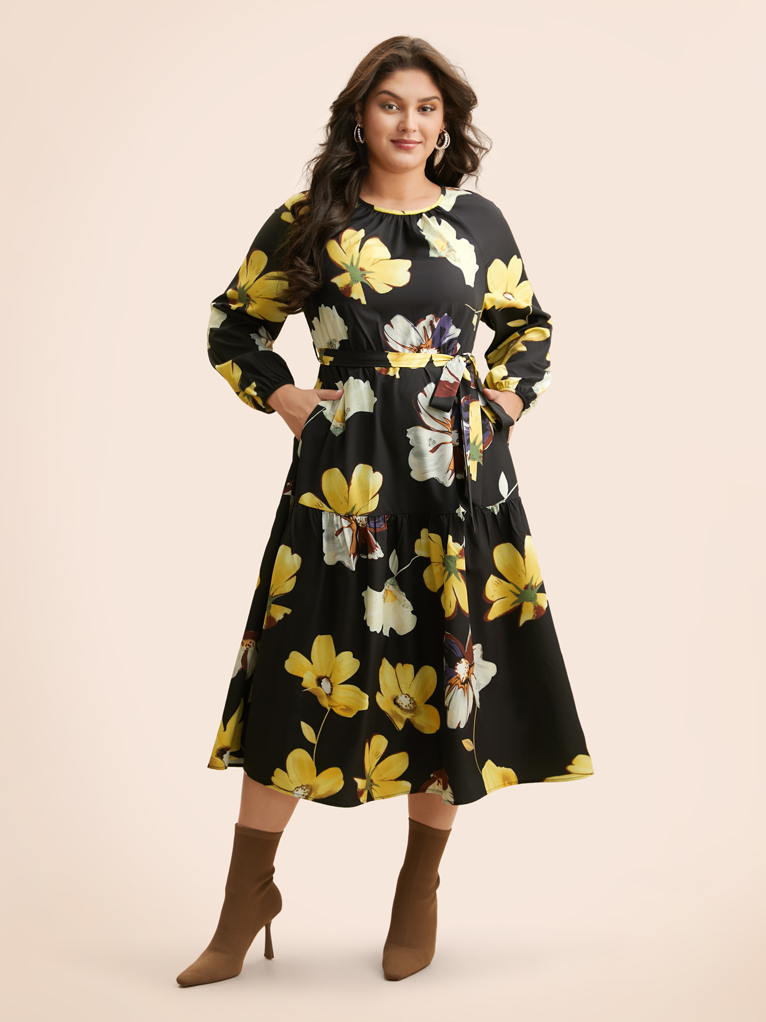 

Plus Size Floral Round Neck Gathered Belted Dress Black Women Elegant Gathered Round Neck Long Sleeve Curvy BloomChic