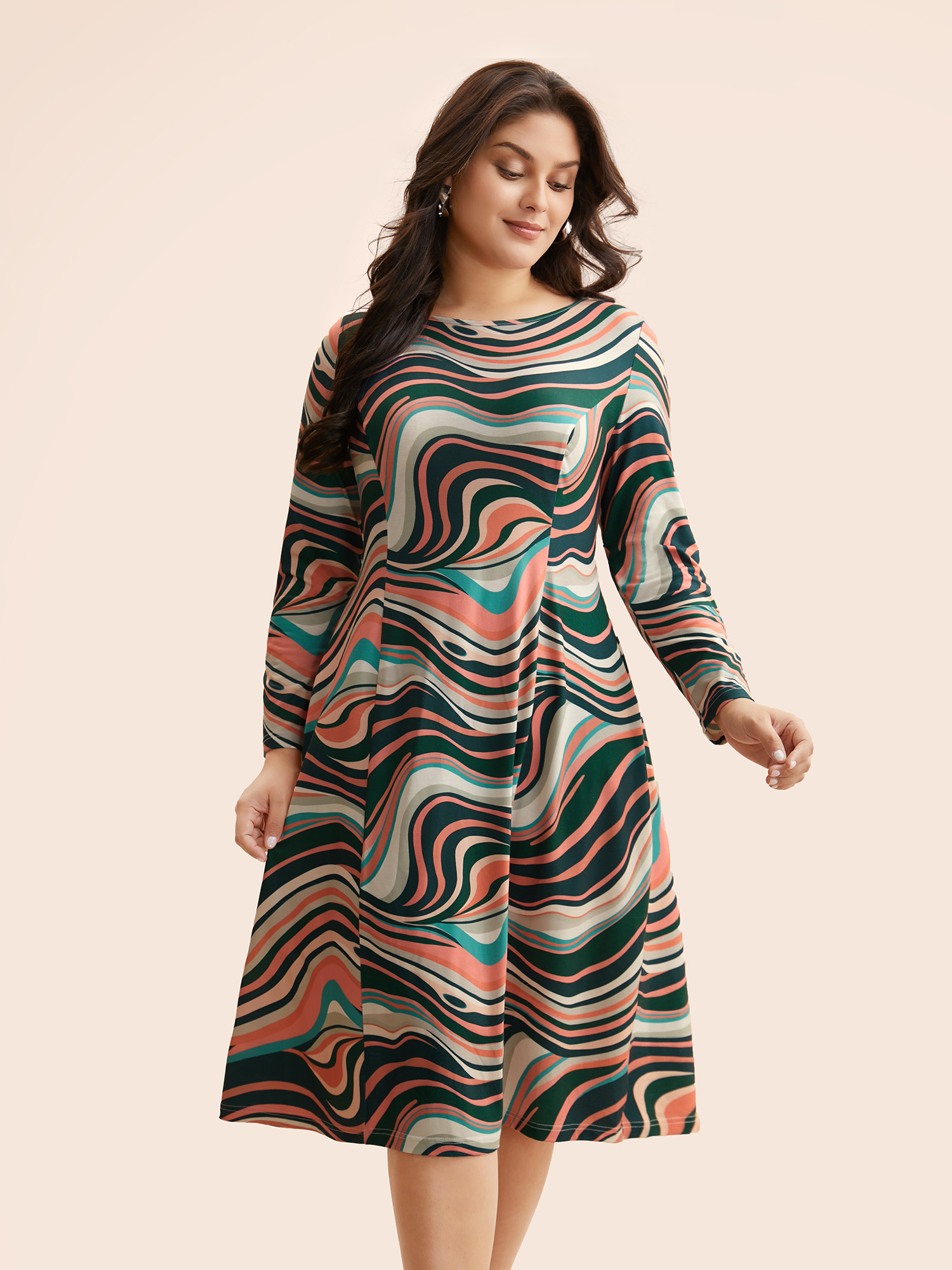 

Plus Size Water Ripple Boat Neck Midi Dress Multicolor Women Casual Contrast Boat Neck Long Sleeve Curvy BloomChic