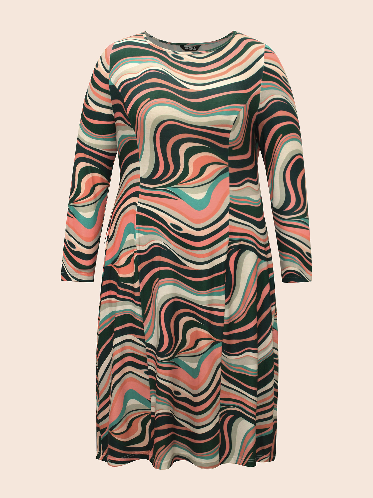 

Plus Size Water Ripple Boat Neck Midi Dress Multicolor Women Casual Contrast Boat Neck Long Sleeve Curvy BloomChic