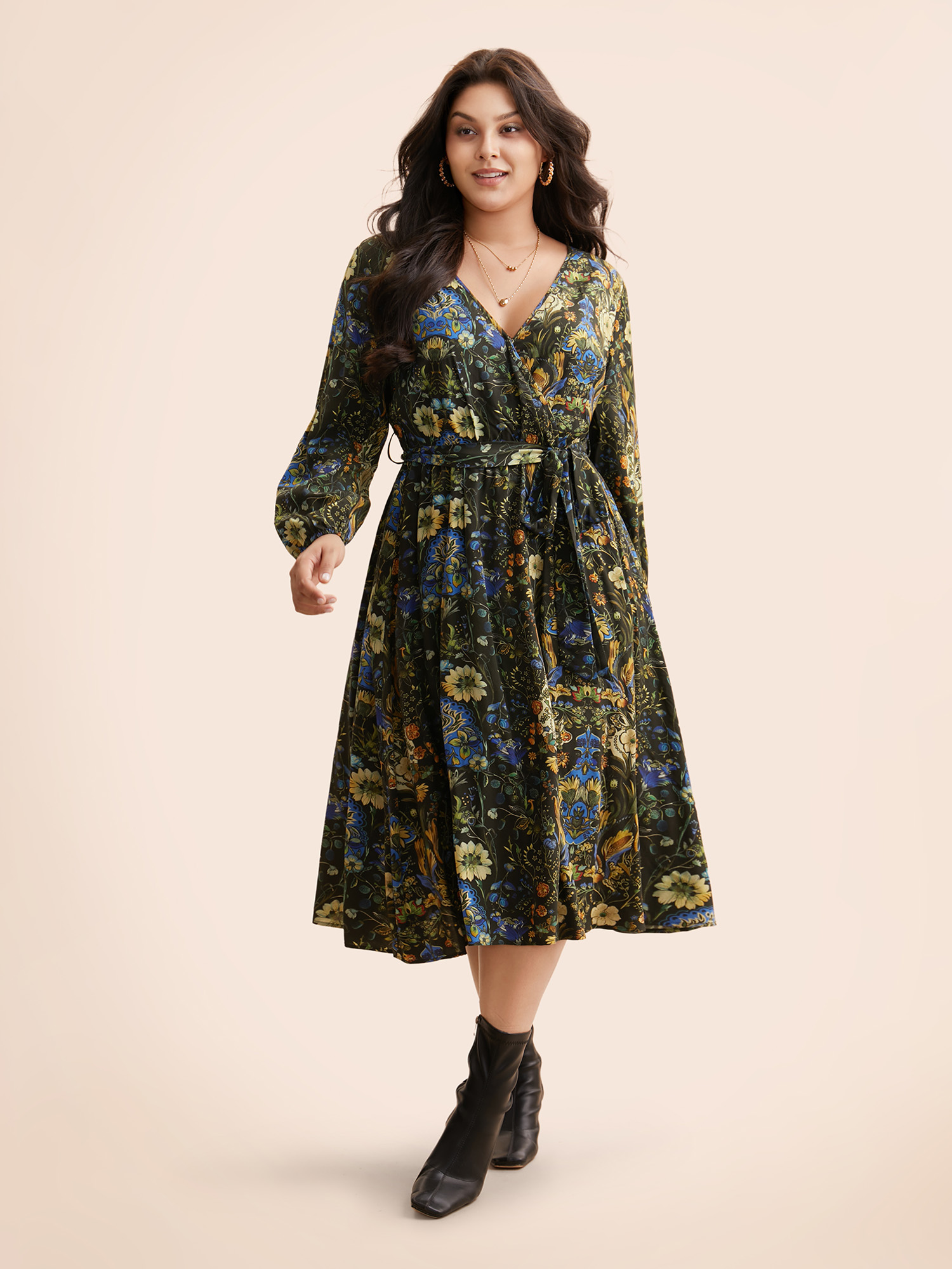 

Plus Size Floral Overlap Collar Belted Dress Black Women Elegant Belted Overlap Collar Long Sleeve Curvy BloomChic