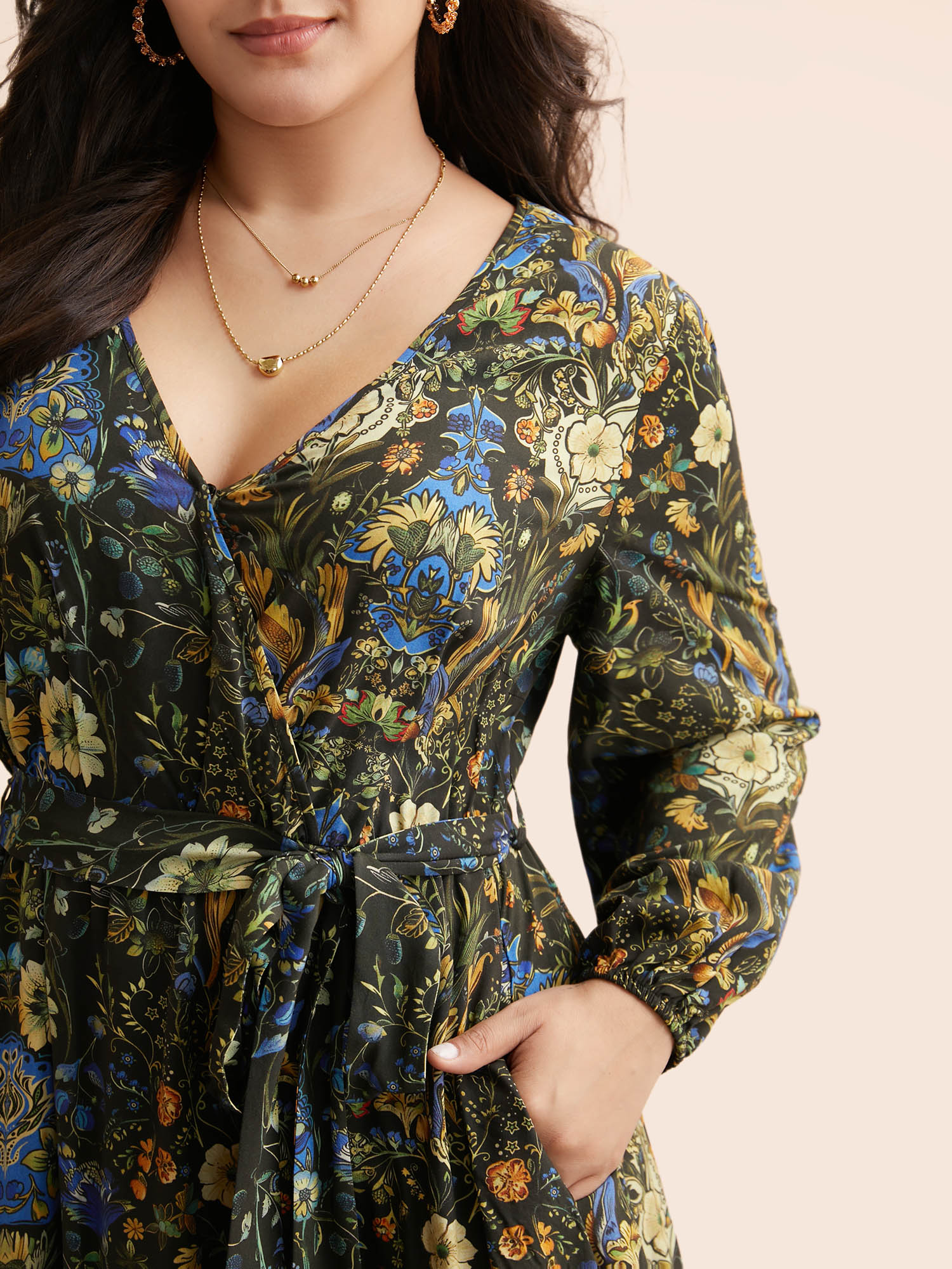 

Plus Size Floral Overlap Collar Belted Dress Black Women Elegant Belted Overlap Collar Long Sleeve Curvy BloomChic