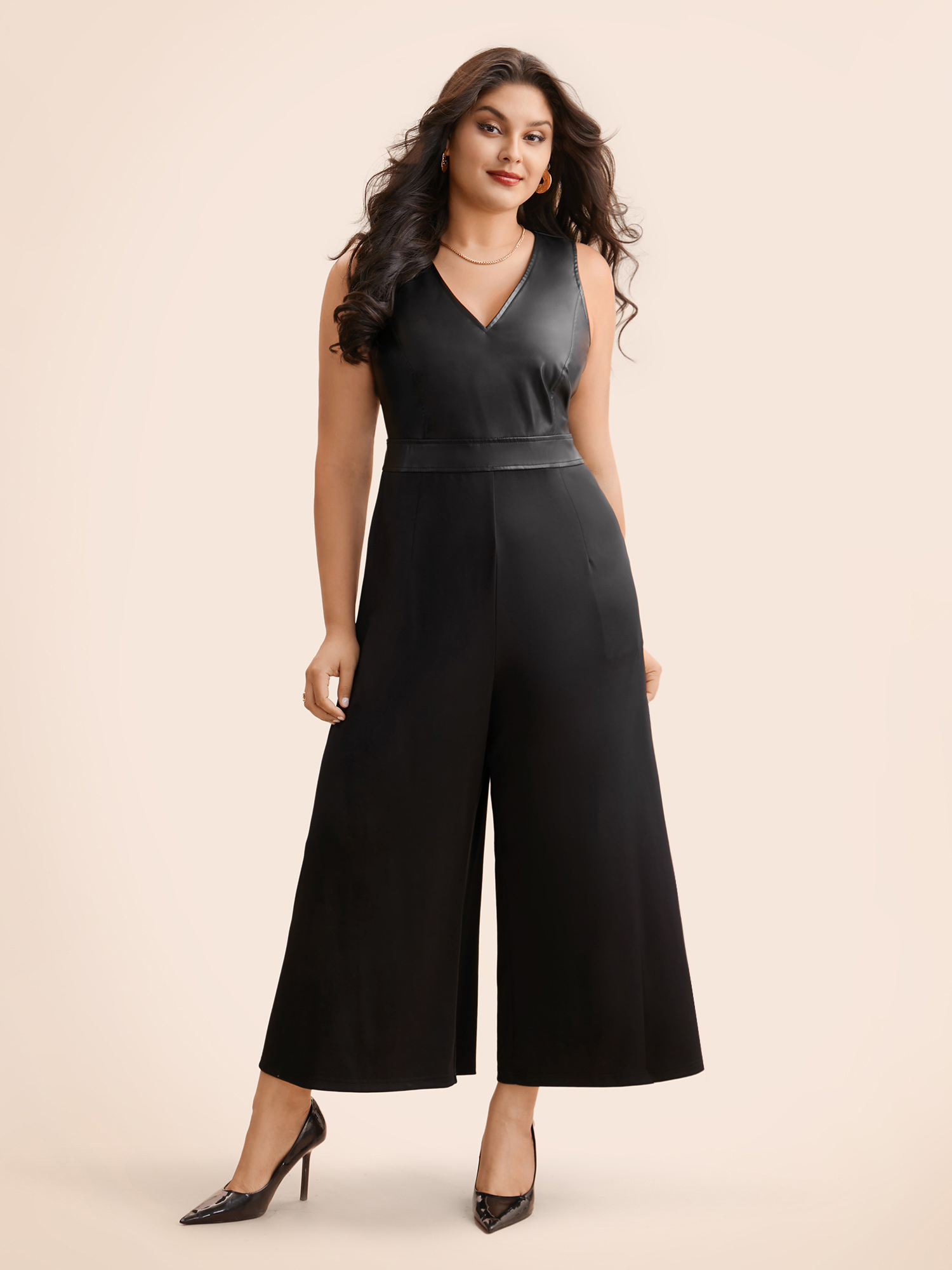 

Plus Size V Neck PU Leather Patchwork Romper Black Side seam pocket Elegant Everyday  Rompers Bloomchic