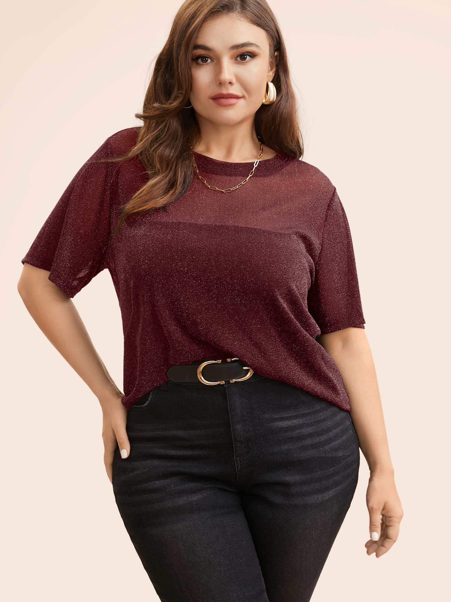 

Plus Size Round Neck Luxe Mesh T-shirt Burgundy Women Elegant See through Round Neck Everyday T-shirts BloomChic