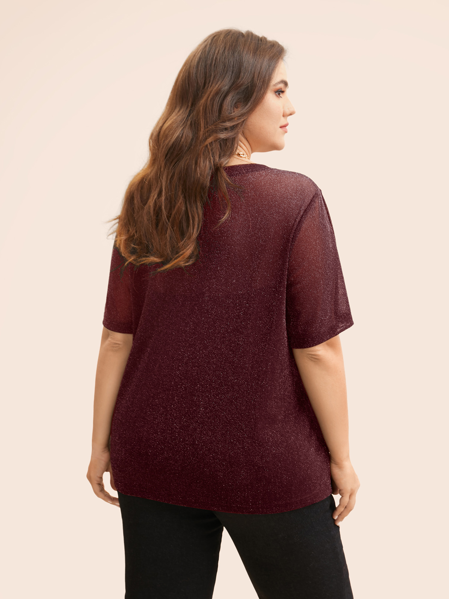 

Plus Size Round Neck Luxe Mesh T-shirt Burgundy Women Elegant See through Round Neck Everyday T-shirts BloomChic