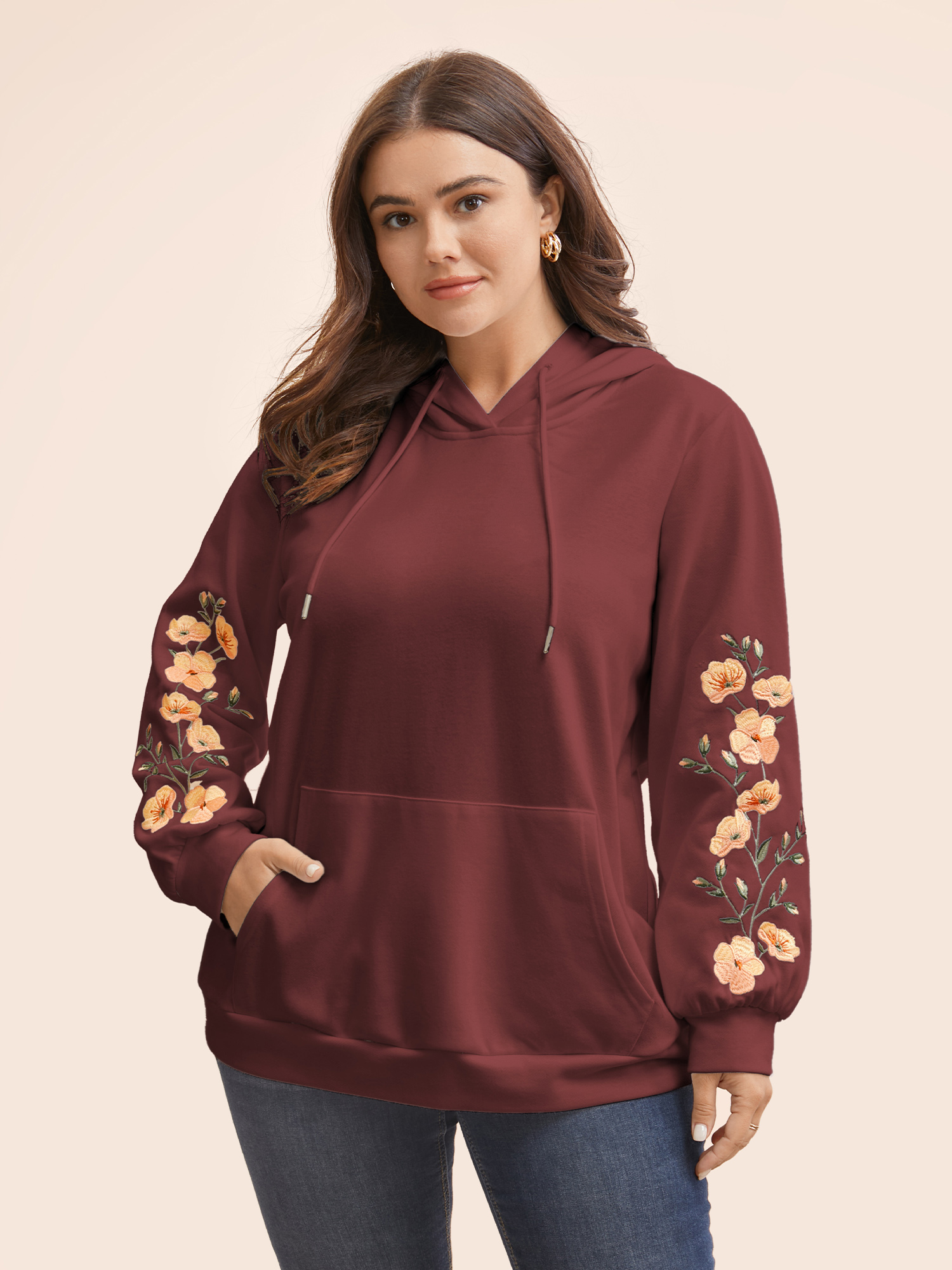 

Plus Size Floral Embroidered Hooded Drawstring Sweatshirt Women Burgundy Elegant Embroidered Hooded Everyday Sweatshirts BloomChic