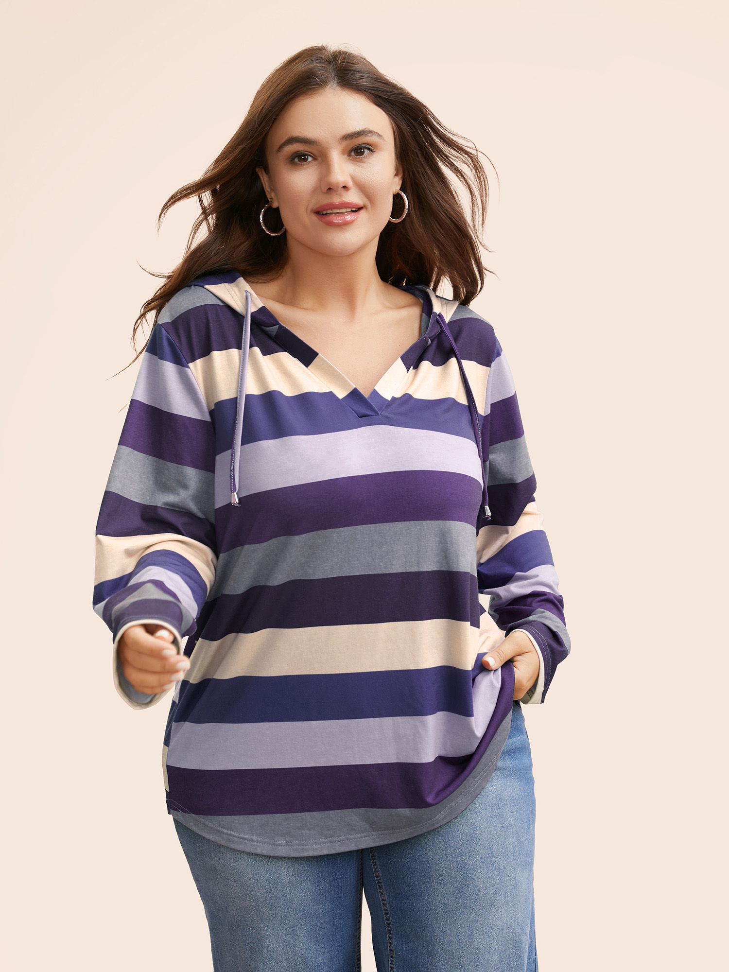 

Plus Size Contrast Striped Hooded Drawstring T-shirt Eggplant Women Casual Drawstring Hooded Everyday T-shirts BloomChic