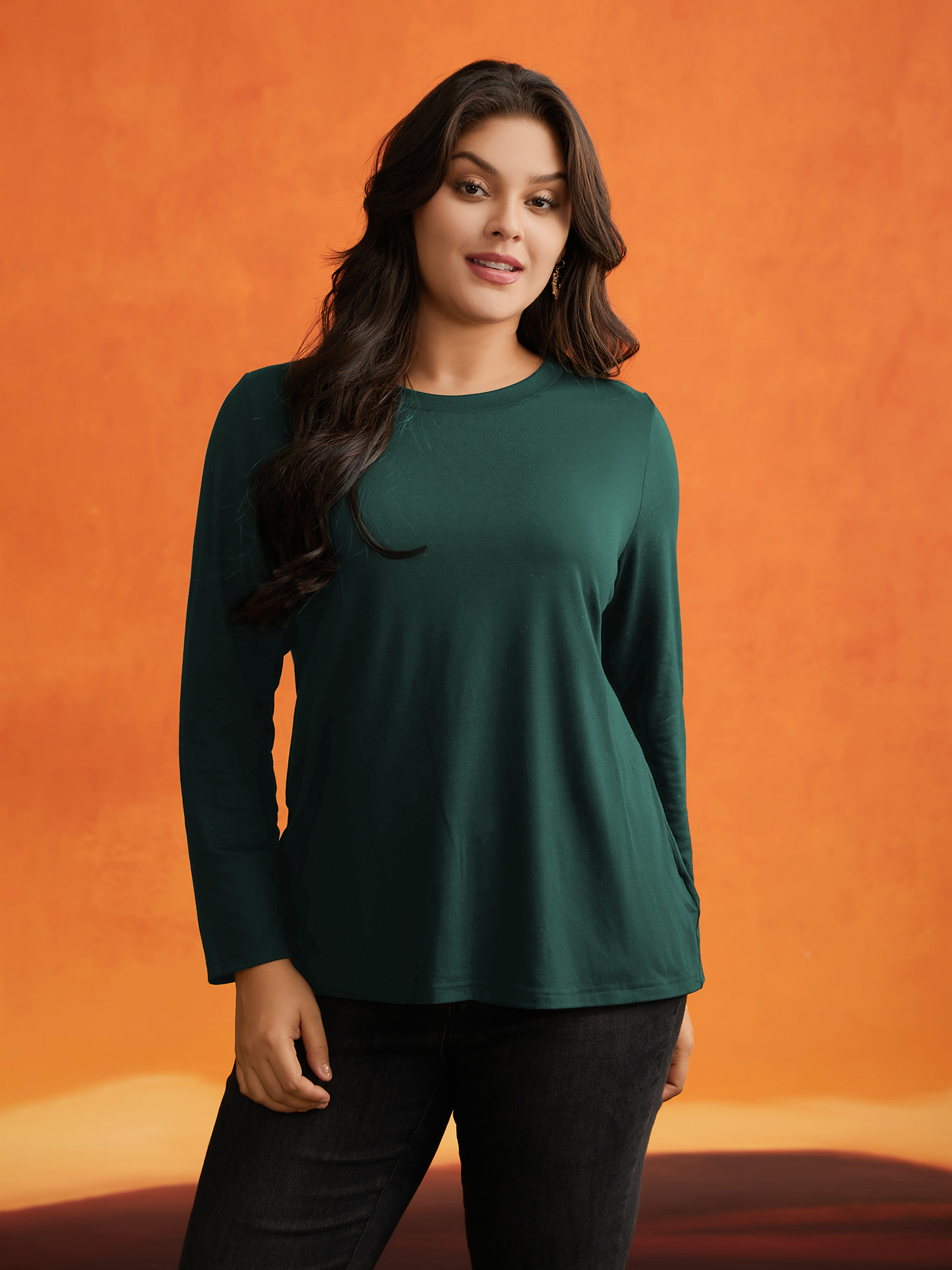 

Plus Size Hollow Mesh Back Slim-Fit T-shirt DarkGreen Round Neck Long Sleeve Elegant Jersey Tops