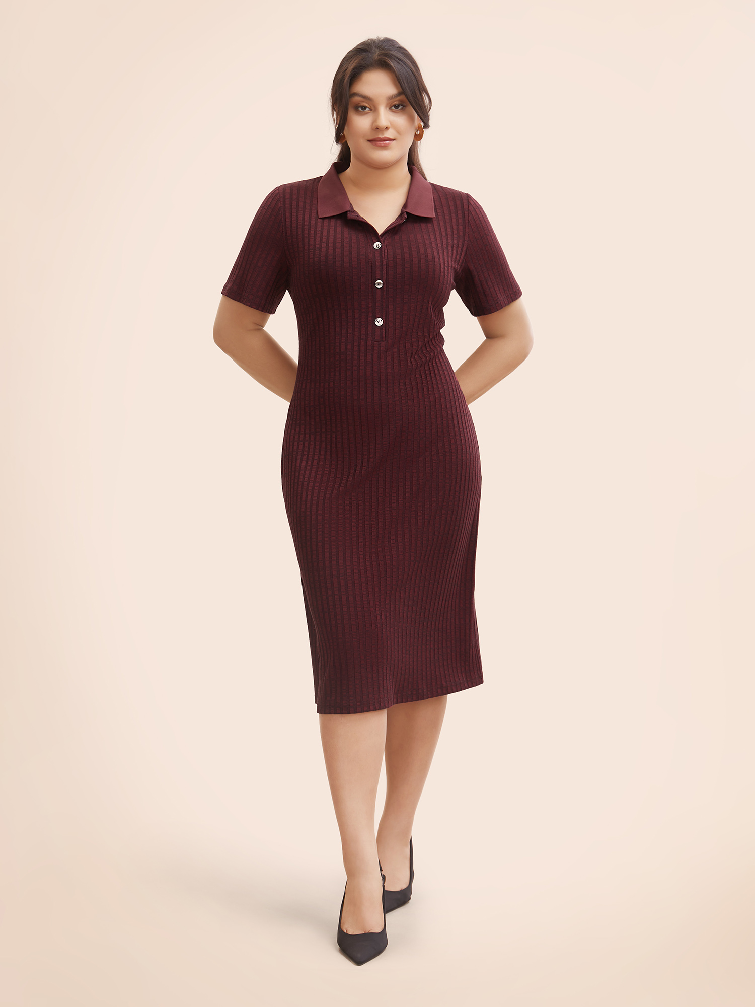 

Plus Size Shirt Collar Textured Button Up Dress Scarlet Women Elegant Texture Shirt collar Short sleeve Curvy BloomChic