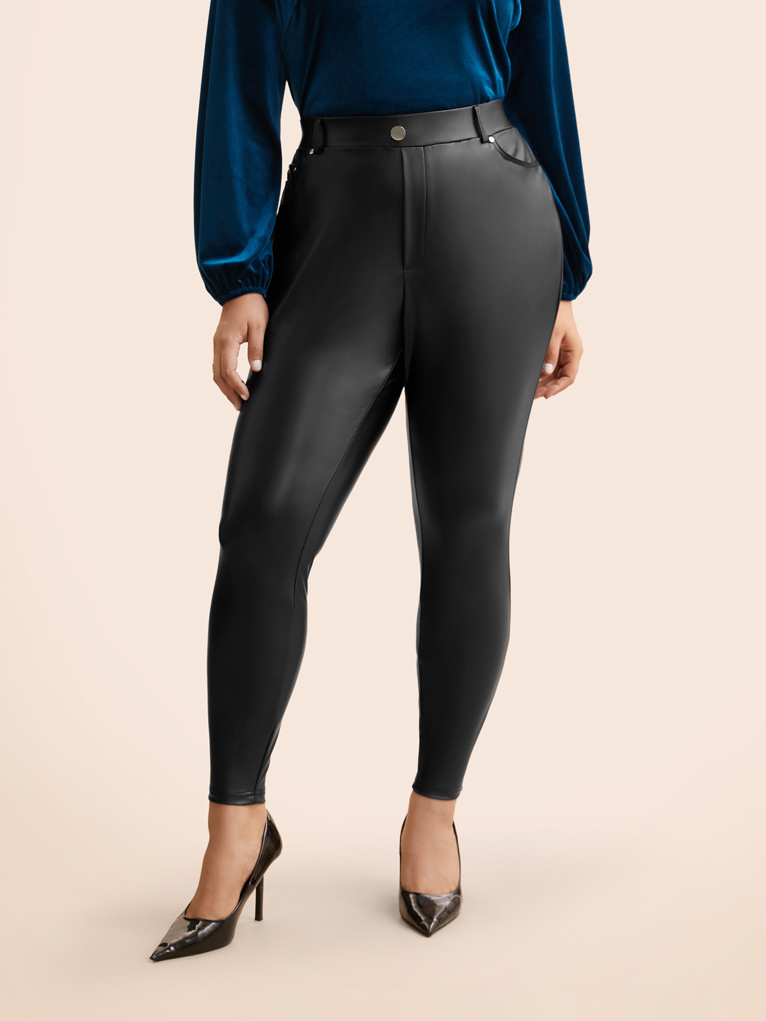 

Plus Size PU Leather Button Detail Mid Rise Pants Women Black Casual Skinny Mid Rise Everyday Pants BloomChic