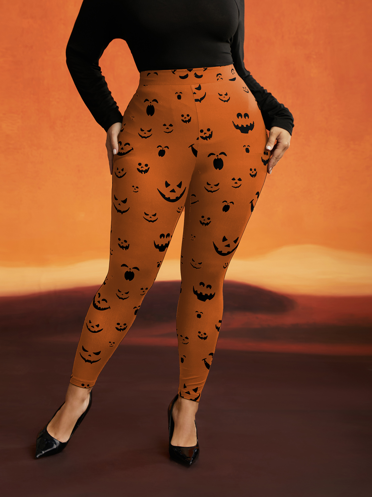 

Plus Size Stretchy Jack-o-Lantern Leggings Women Brightorange Elegant High stretch Skinny Mid Rise Everyday Leggings BloomChic