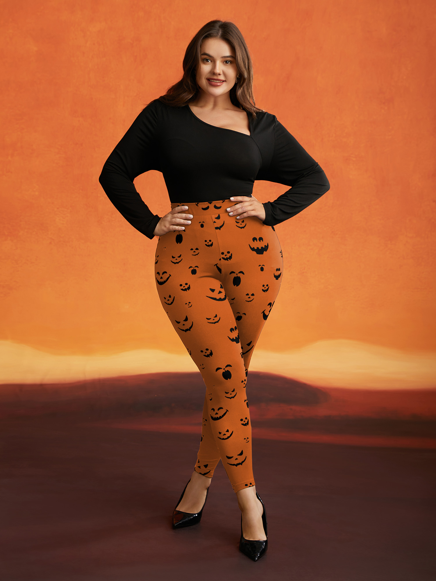 

Plus Size Stretchy Jack-o-Lantern Leggings Women Brightorange Elegant High stretch Skinny Mid Rise Everyday Leggings BloomChic