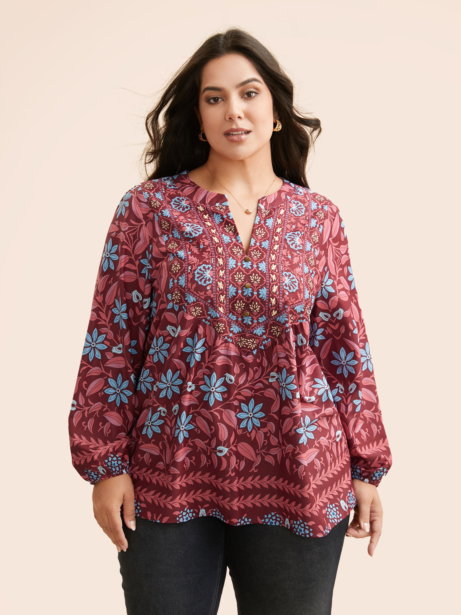 

Plus Size Scarlet Notched Boho Print Lantern Sleeve Blouse Women Elegant Long Sleeve Flat collar with V-notch Everyday Blouses BloomChic