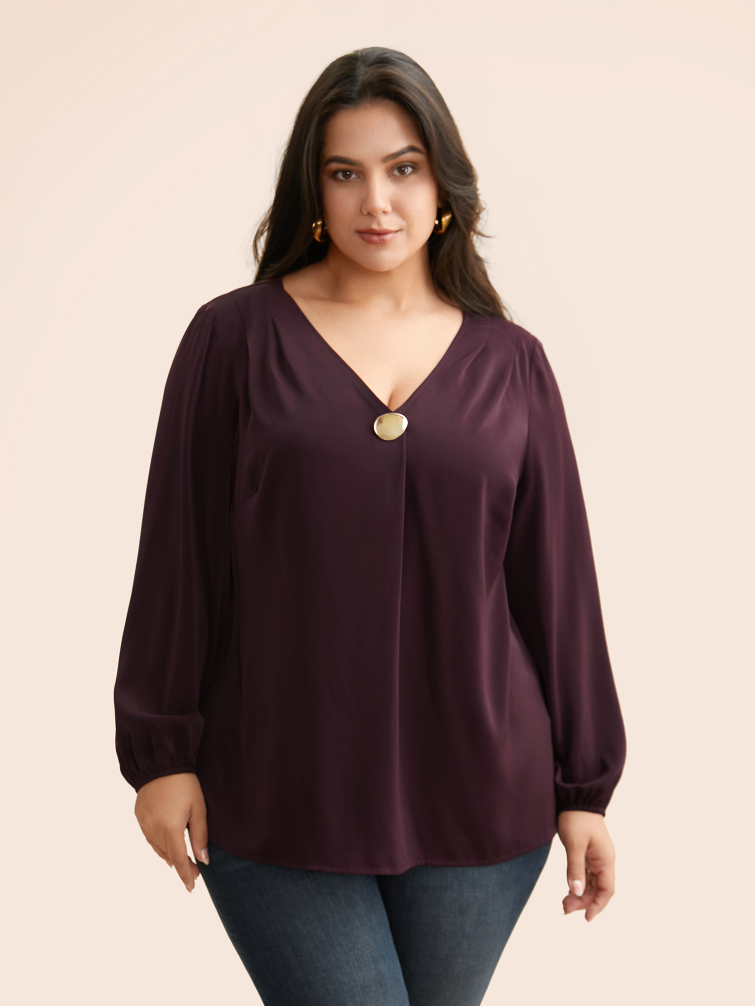 

Plus Size Eggplant V Neck Pleated Metal Detail Blouse Women Elegant Long Sleeve V-neck Everyday Blouses BloomChic