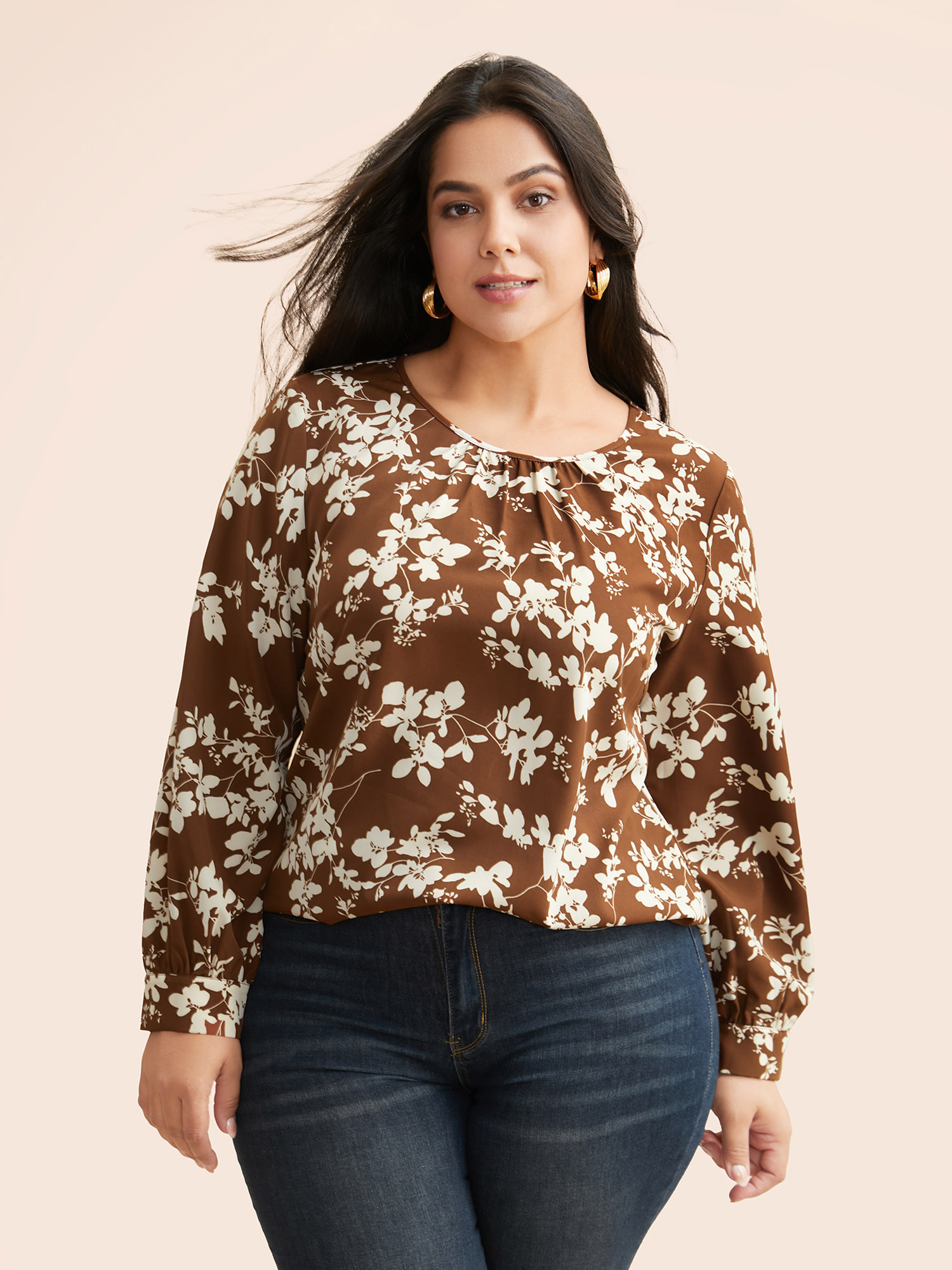 

Plus Size Browncoffeecolor Silhouette Floral Print Gathered Split Hem Blouse Women Elegant Long Sleeve Round Neck Everyday Blouses BloomChic