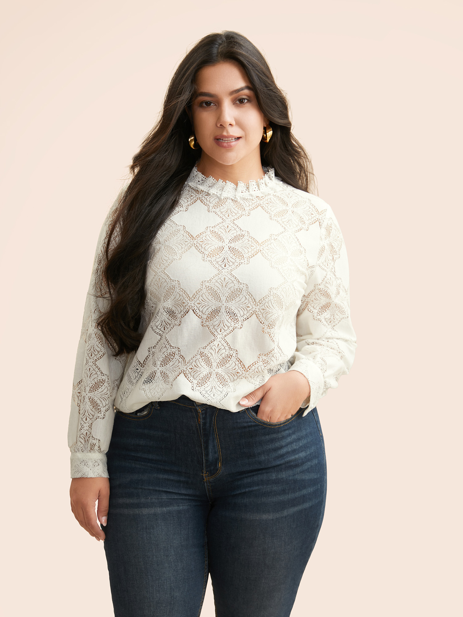 

Plus Size Ivory Lace Panel Mesh Stand Collar Blouse Women Elegant Long Sleeve Stand-up collar Everyday Blouses BloomChic