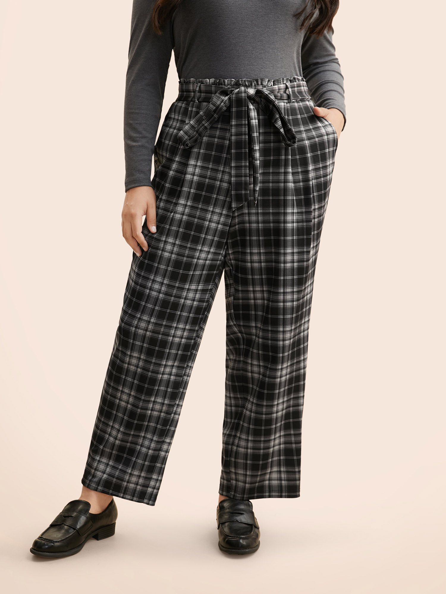 

Plus Size Plaid Tie Knot Paperbag Waist Pants Women DimGray Workwear Essentials Mid Rise Work Pants BloomChic