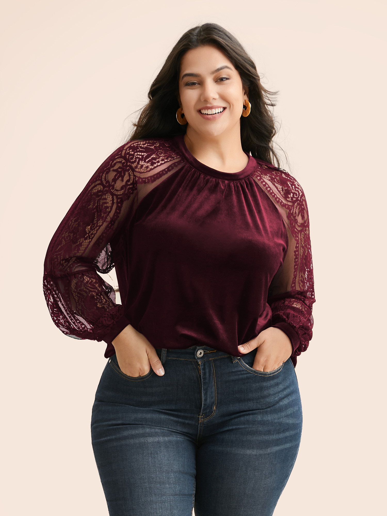 

Plus Size Burgundy Lace Patchwork Velvet Raglan Sleeve Blouse Women Elegant Long Sleeve Stand-up collar Everyday Blouses BloomChic